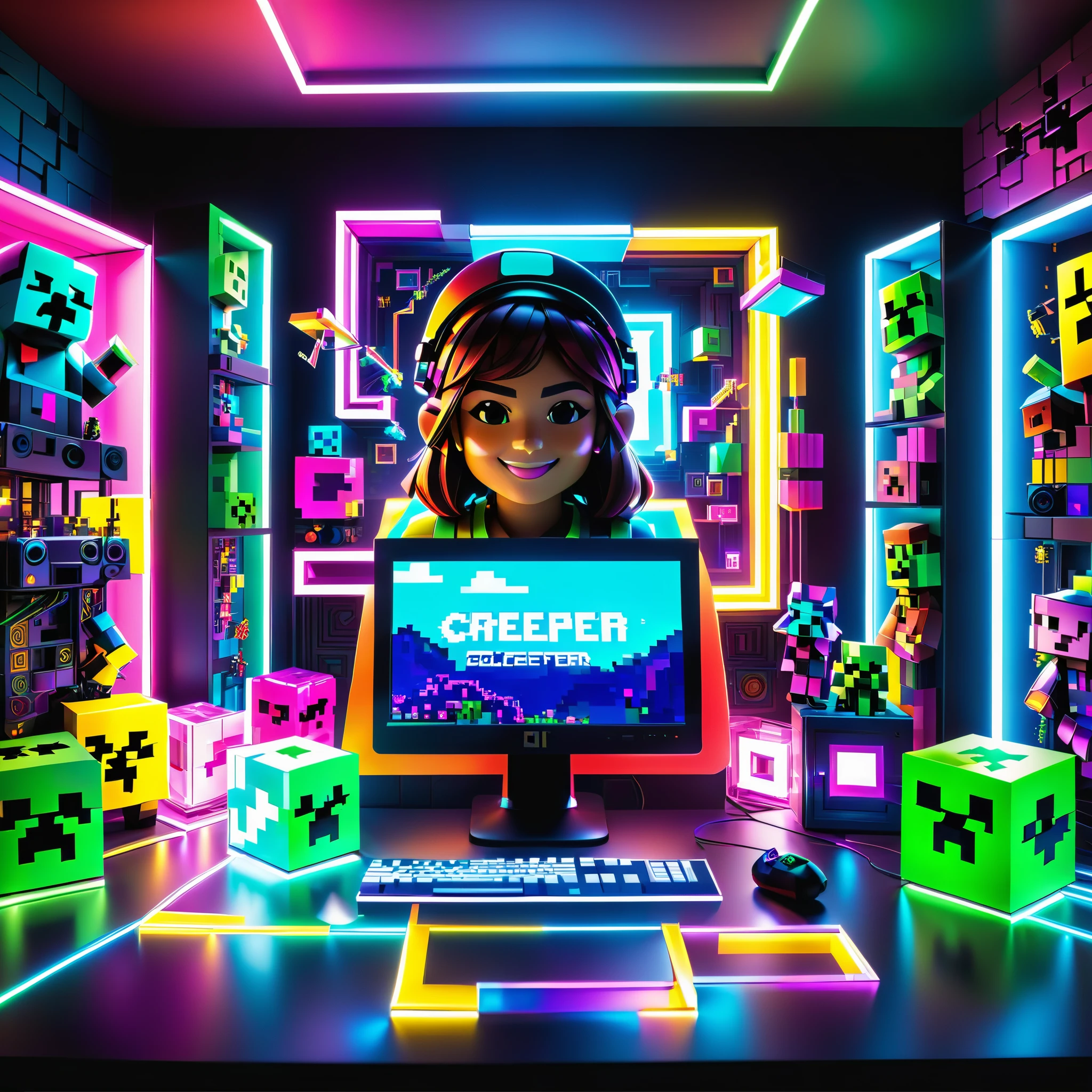 iluminacion de neon ,epic gorgeous, ultra high resolution image. The image must be super original and complex..., con una variedad de colores hermosos y vibrantes luces con letras de luces de neon colores vibrantes., Ultra_high-quality and ultra_High-definition), micro high desk, obra maestra, ((beautiful playing video games on a latest generation PC smiling and having fun, gorra en la cabeza;1,3)),(( jugador, in a room with many intricate decorations, pose dinamica,(Creeper minicraft character dolls:1.4), publicaciones que hacen minecraft))), saturate, reflection, varied multi etc. --v 6 --s 1000 --c 20 --q5 --chaos 100