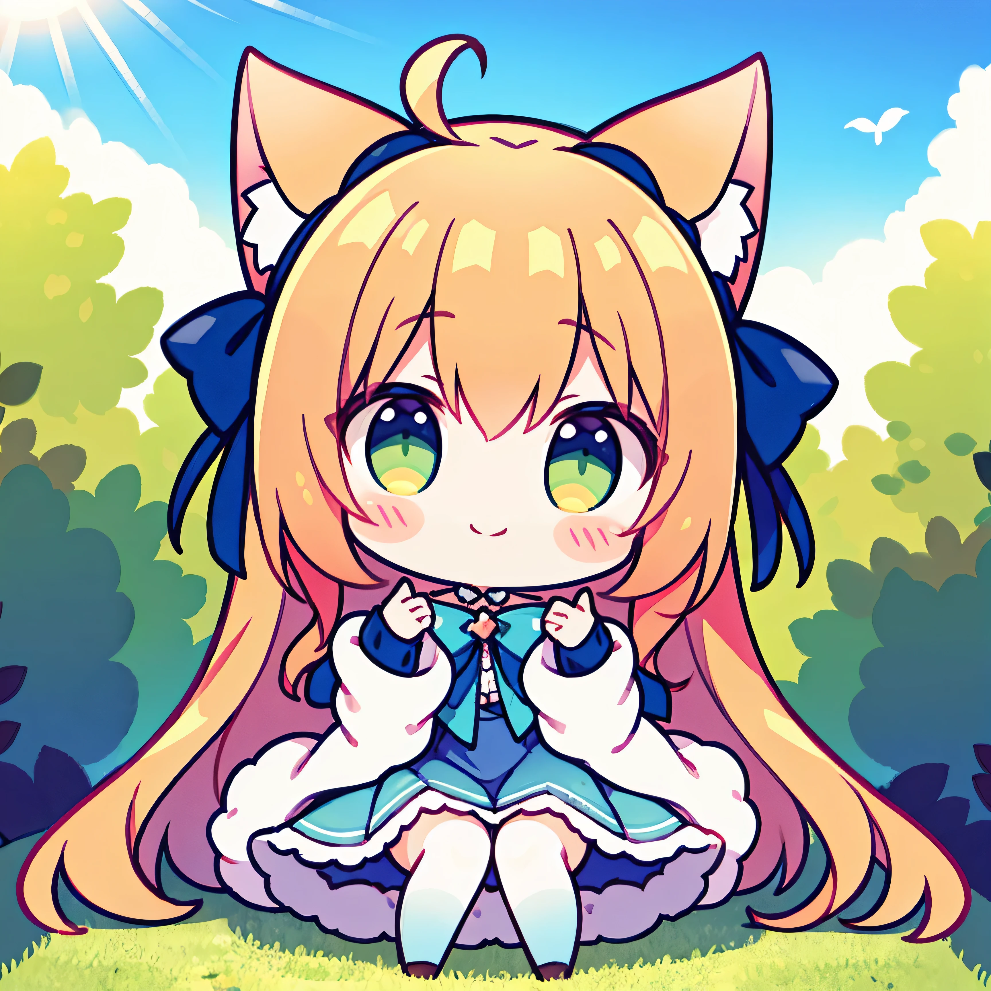(masterpiece),(best quality),(Rich details),catwoman,Lovely,Orange long hair, orange cat ears, green gradient eyes,(Heart shaped ager),Wearing a beautiful blue pleated skirt,Wearing a light-colored coat,Tie a blue bow on the chest,Smile,Hide your hands in your sleeves,learn to bark,sit on the floor,side facing camera,Shade breaks the blue sky ,sunny