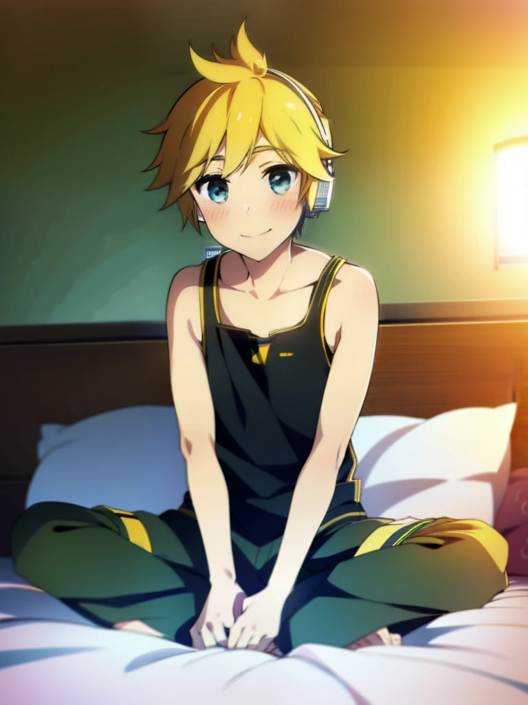 best quality, ultra precision, (one boy), (Len_Kagamine), blonde hair, cowlick, bedroom, character focus, black short pants, Tank top, innocent, slender, blush, cute, cool, smile a little, happy, Headphones, handsome, he loves you, teenager, high school student, male model, attractive boy, (sit in a crawling position), on bed, (put hands between crotch)