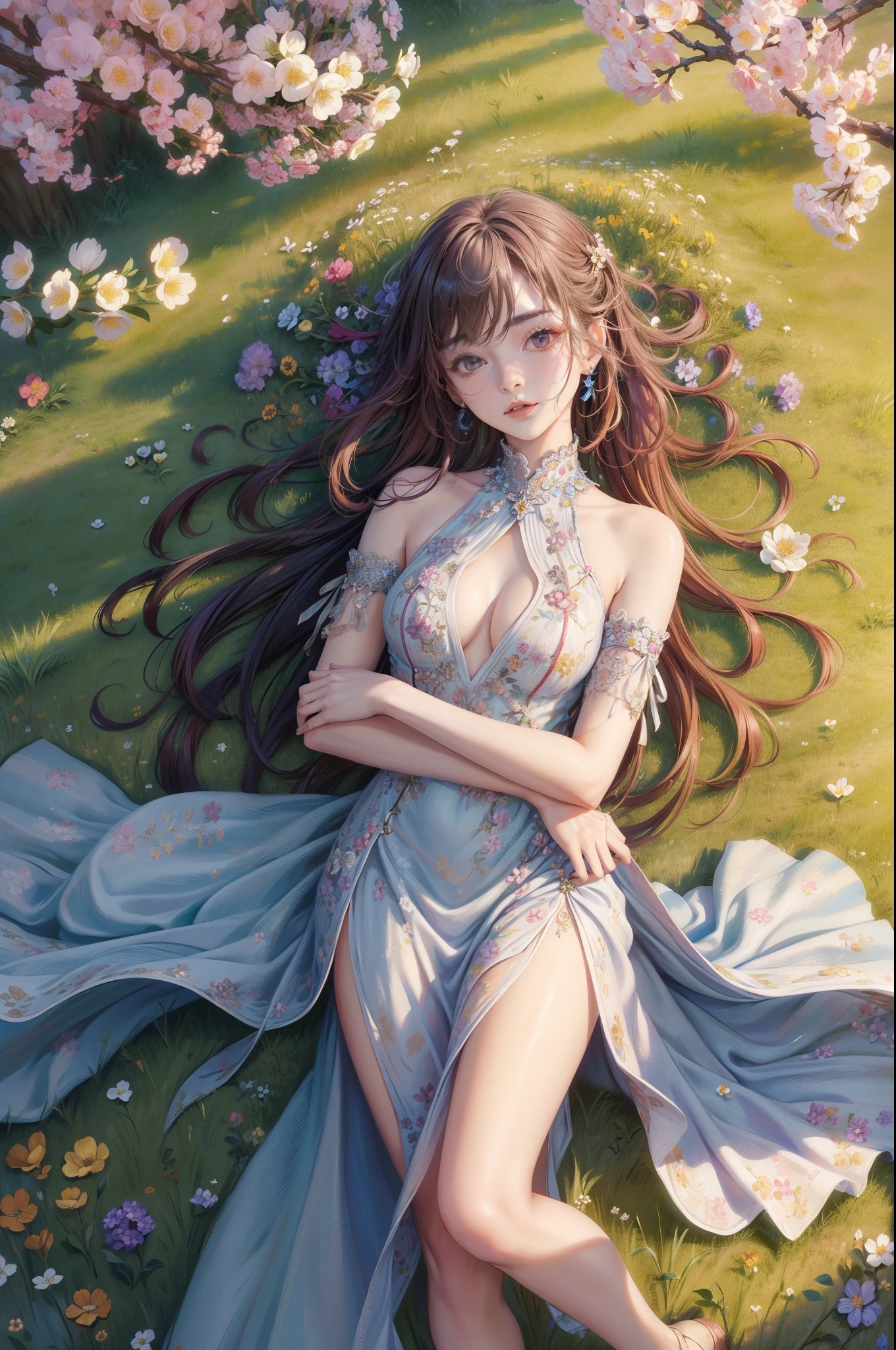 Chiron Duong award winning intrinsic detail photograph-painting hybrid high fashion portrait vogue style female supermodel multicolored small flower dress with long curly hair in fields of flowers during outdoor  in a spring color palette, hd, 8k --ar...