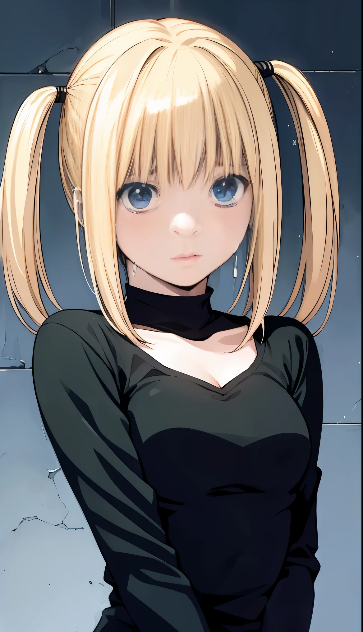 a woman of medium height, blonde hair tied in two pigtails, light eyes, pale skin, black long sleeve shirt, crying, sad, high resolution, UHD, anime death note, anime from the 1990s