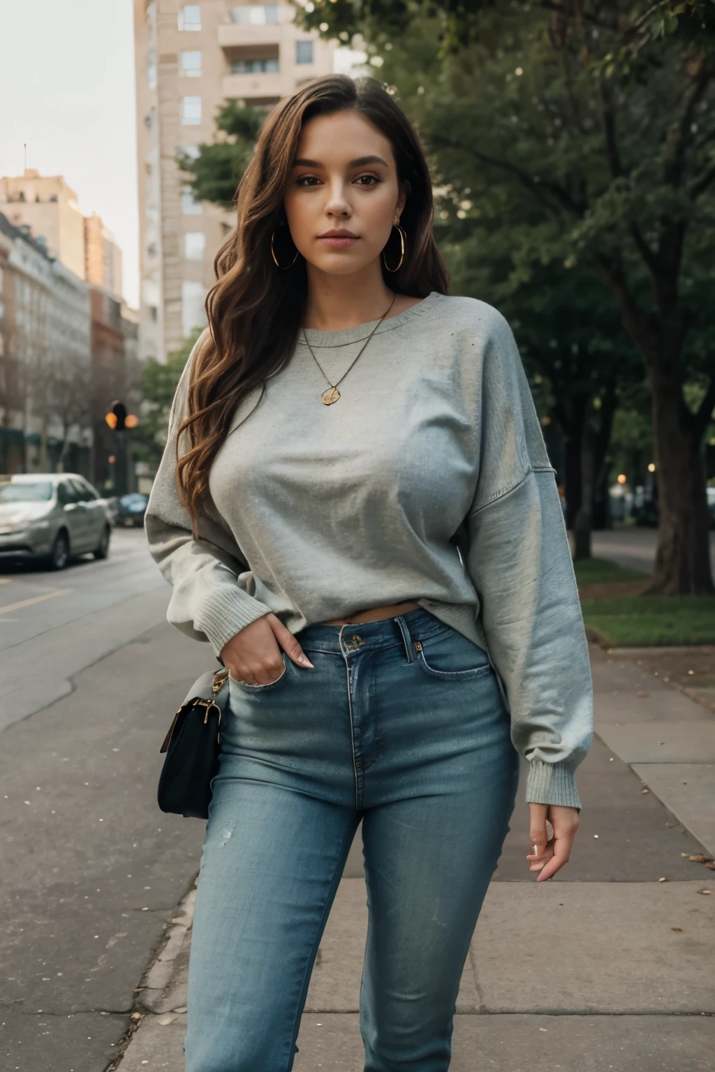 (masterpiece:1.2, best quality), 1lady, solo, upper body, big tits, Dark wash skinny jeans, oversized sweater, ankle boots, Loose waves, center part, simple hoop earrings, green Park