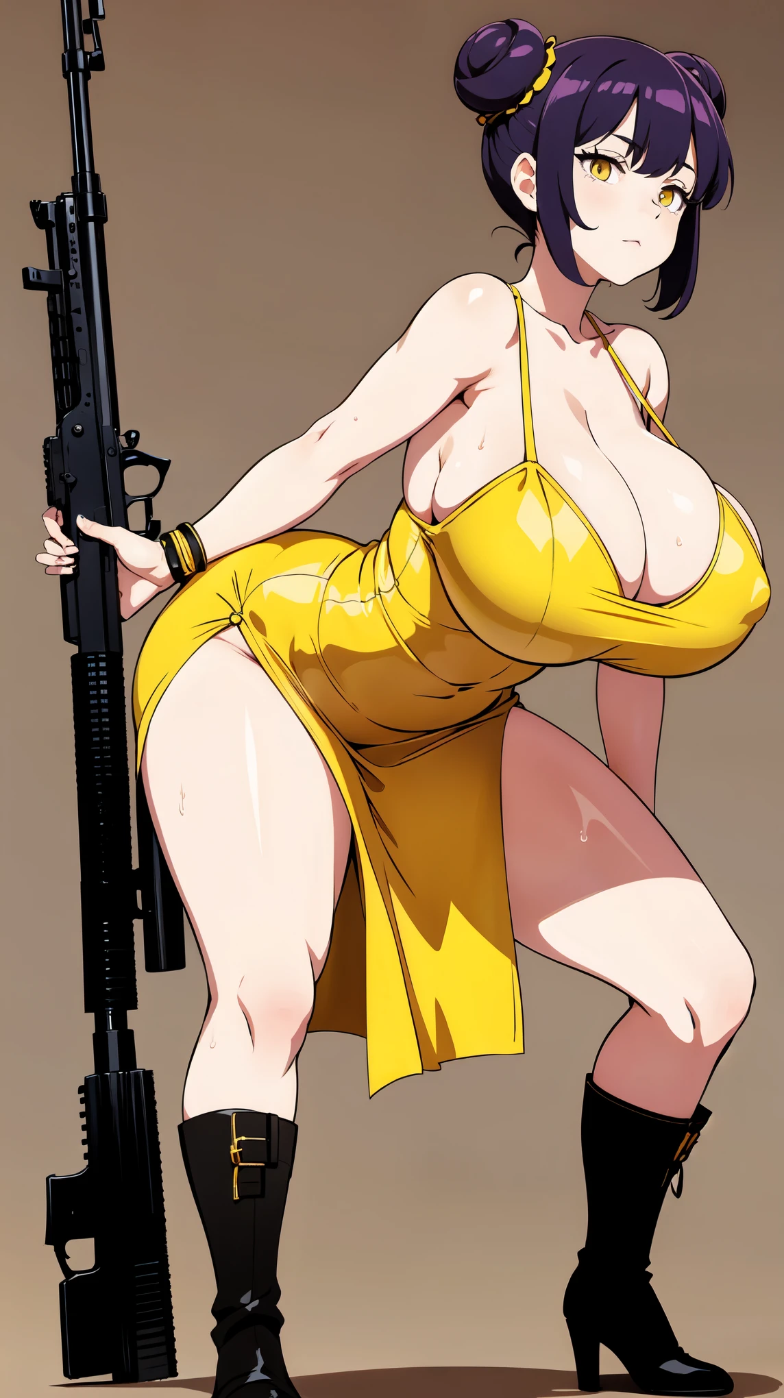 Slime girl, (slime), Slime hair Double buns hair style, Pumpkin Orange, weapon belt, Masterpiece, Best Quality, gigantic breasts, slime girl, slime girl, purple hair, lavender hair, yellow clothes, weapon belt around waistline, rifle, long rifle, AR-15 Rifle, assault rifle, exposed yellow bra, yellow clothing, wearing yellow clothing, fully body view, tight yellow dress, Rifle in hand, mature woman, gorgeous, perverted, sexy, yellow dress, exposed chest, exposed bra, exposed breast, black boots/heels, gold bracelets around wrist, holding rifle, aiming with rifle, tactical stance, tactical gear, sweaty body, long legs, tall woman, lustful yellow eyes, yellow lingerie , Slime girl, (slime), Slime hair Double buns hair style, Pumpkin Orange, weapon belt, Masterpiece, Best Quality, gigantic breasts, slime girl, slime girl, purple hair, lavender hair, yellow clothes, weapon belt around waistline, rifle, long rifle, AR-15 Rifle, assault rifle, exposed yellow bra, yellow clothing, wearing yellow clothing, fully body view, tight yellow dress, Rifle in hand, mature woman, gorgeous, perverted, sexy, yellow dress, exposed chest, exposed bra, exposed breast, black boots/heels, gold bracelets around wrist, holding rifle, aiming with rifle, tactical stance, tactical gear, sweaty body, long legs, tall woman, lustful yellow eyes, yellow lingerie, mature body, mature face, dark purple hair color, purple hair, bending down, bent over, crouching 