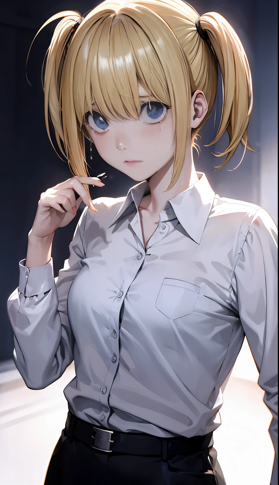 a woman of medium height, blonde hair tied in two pigtails, light eyes, pale skin, black long sleeve shirt, crying, sad, high resolution, UHD, anime death note, anime from the 1990s