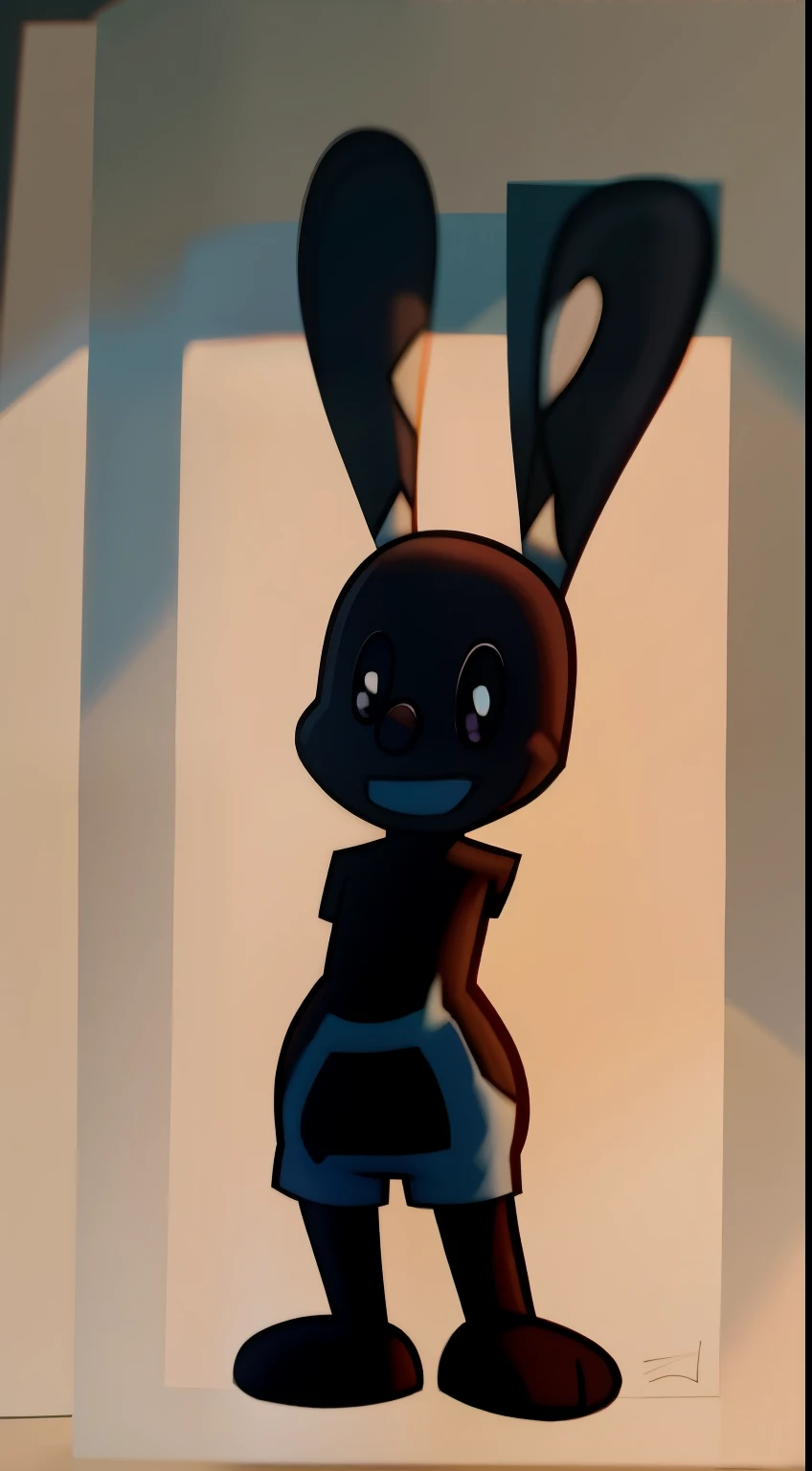 Toy_Plushies, Oswald, armless, missing arms, no arms, black eyes, blue shorts, agape, (white polka dots on ears), full body, siting on a wood floor, dynamic angle, red brick wall, intricate details