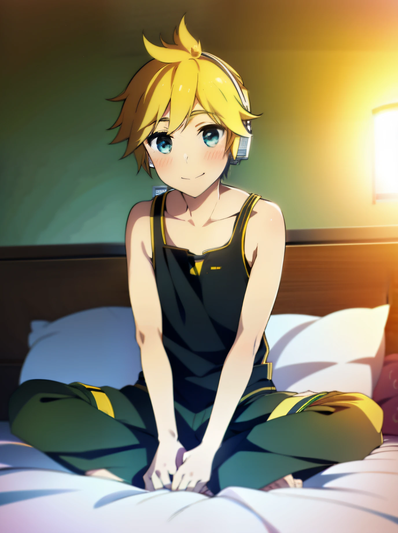 best quality, ultra precision, (one boy), (Len_Kagamine), blonde hair, cowlick, bedroom, character focus, black short pants, Tank top, innocent, slender, blush, cute, cool, smile a little, happy, Headphones, handsome, he loves you, ager, high school student, male model, attractive boy, (sit in a crawling position), on bed, (put hands between crotch)