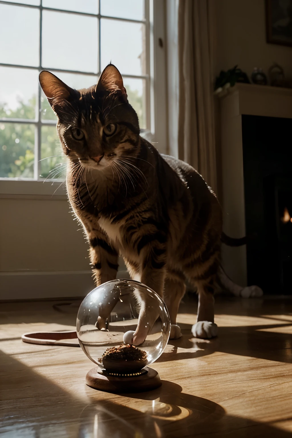 {{A super realistic double exposure image capturing motion: in the foreground, a crystal ball with a beautiful little mouse running with a piece of cheese in its hands, and in the background, an orange cat looking for the mouse}}. This is an image inspired by {naturalistic portrayal}, showcasing {the tension between predator and prey}. The environment/background should be {subtle and understated, with muted tones and soft lighting} to create a {sense of realism and suspense}. The image should be in the style of {photorealistic digital art}, incorporating elements of {the works of Robert Bateman and John James Audubon}. The {medium shot} captured with a {35mm} lens will provide {a balanced view of the crystal ball and its surroundings}. Lighting should be {naturalistic, with soft diffused light and gentle shadows}, emphasizing {the natural textures and colors of the scene}. The desired level of detail is {remarkably lifelike}, with a resolution {that captures every whisker on the cat and every hair on the mouse}, highlighting {the intensity of the cat's gaze and the determination of the mouse}. The goal is to create an image {that feels as if it could come to life at any moment} and leaves viewers {captivated by its realism and emotional depth}.