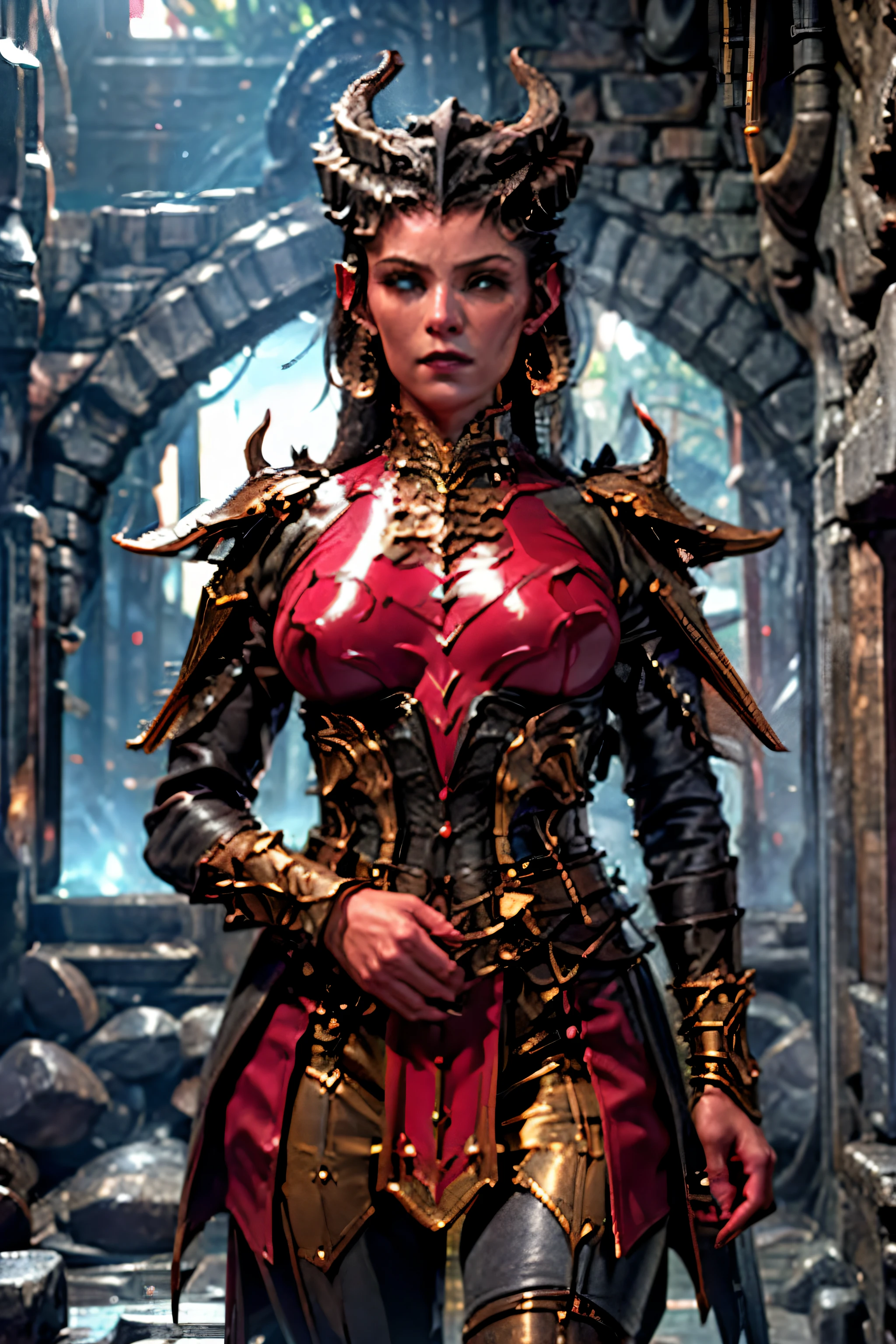 Beautiful female tiefling warrior, red skin, lean athletic body, tall, long curly black hair, amber green eyes, metal armor, amazing beautiful athletic toned body, at the ruins of a temple at a volcano, Beautiful D&D Character Portrait, Ominous, Dark Fantasy, Detailed, Fiverr Dnd Character, Octane Render, Digital Art, Extreme Detail, 4k, Ultra Hd, Polished, Beautiful, Hyperdetailed, Intricate, Elaborate, Meticulous, Anime Character, Detailed, Sharp Focus, Wlop, Character Design, Unreal Engine, 3d Rendered, Volumetric Lighting, Reflections, Glossy, Digital Illustration,Unreal Engine, 3d Rendered, Volumetric Lighting, Reflections, Glossy, Digital Illustration, Sensual Pose, Suggestive Pose, Full Body Shot, anatomically correct, 💖❤💕💋❣