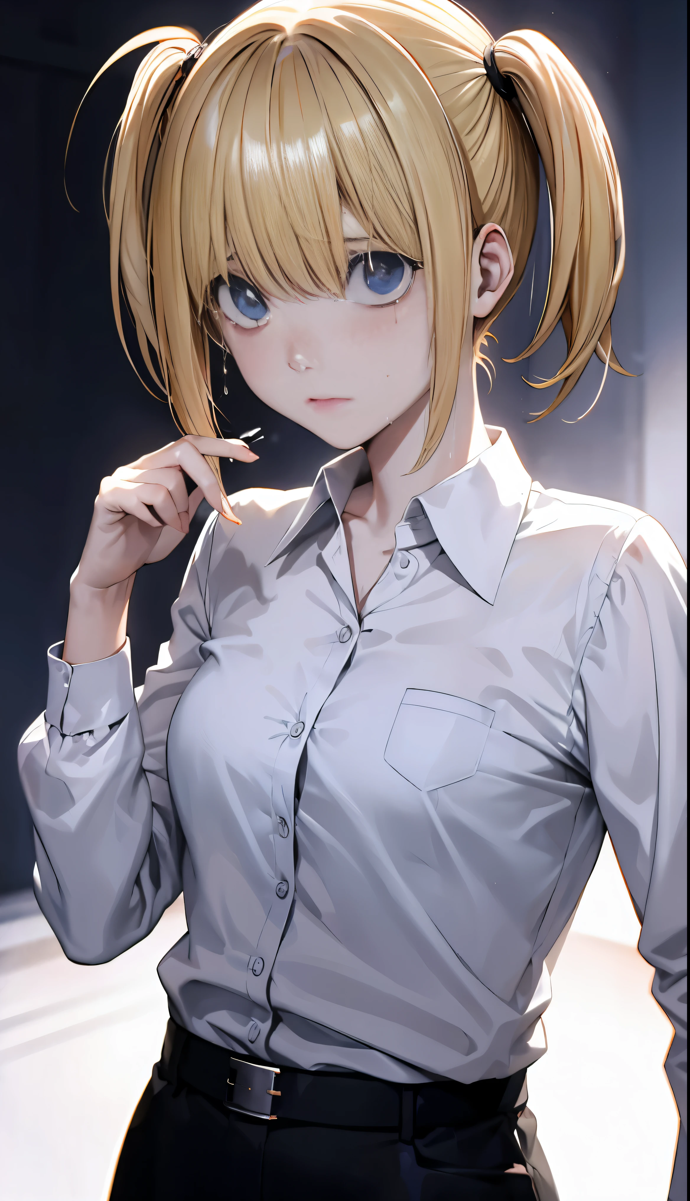 Una mujer de estatura media, cabello rubio atado en dos coletas, ojos claros, pale skin, Camisa negra de manga larga, llanto, sad, high resolution, HD, nota de muerte anime, 1990s anime