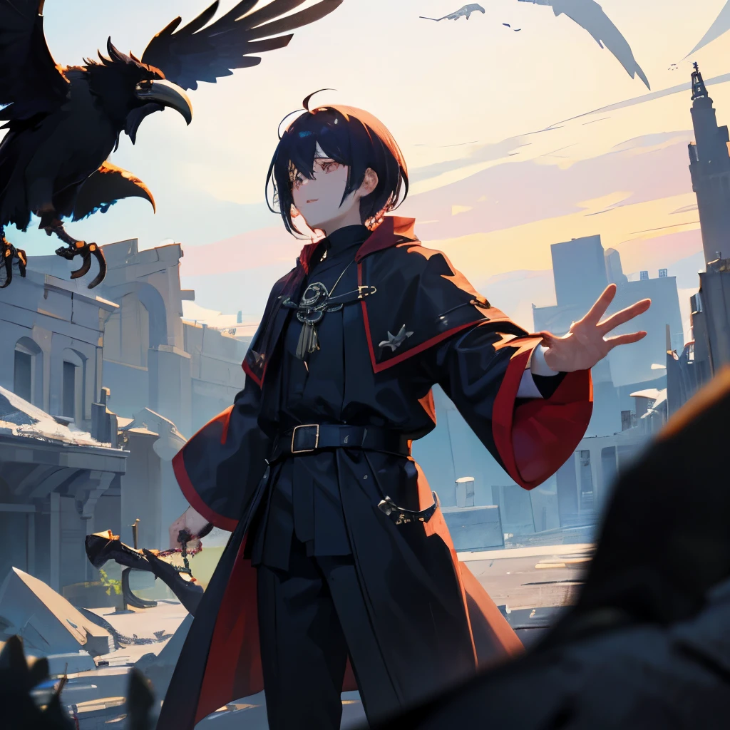 A male character called a raven with summoning powers