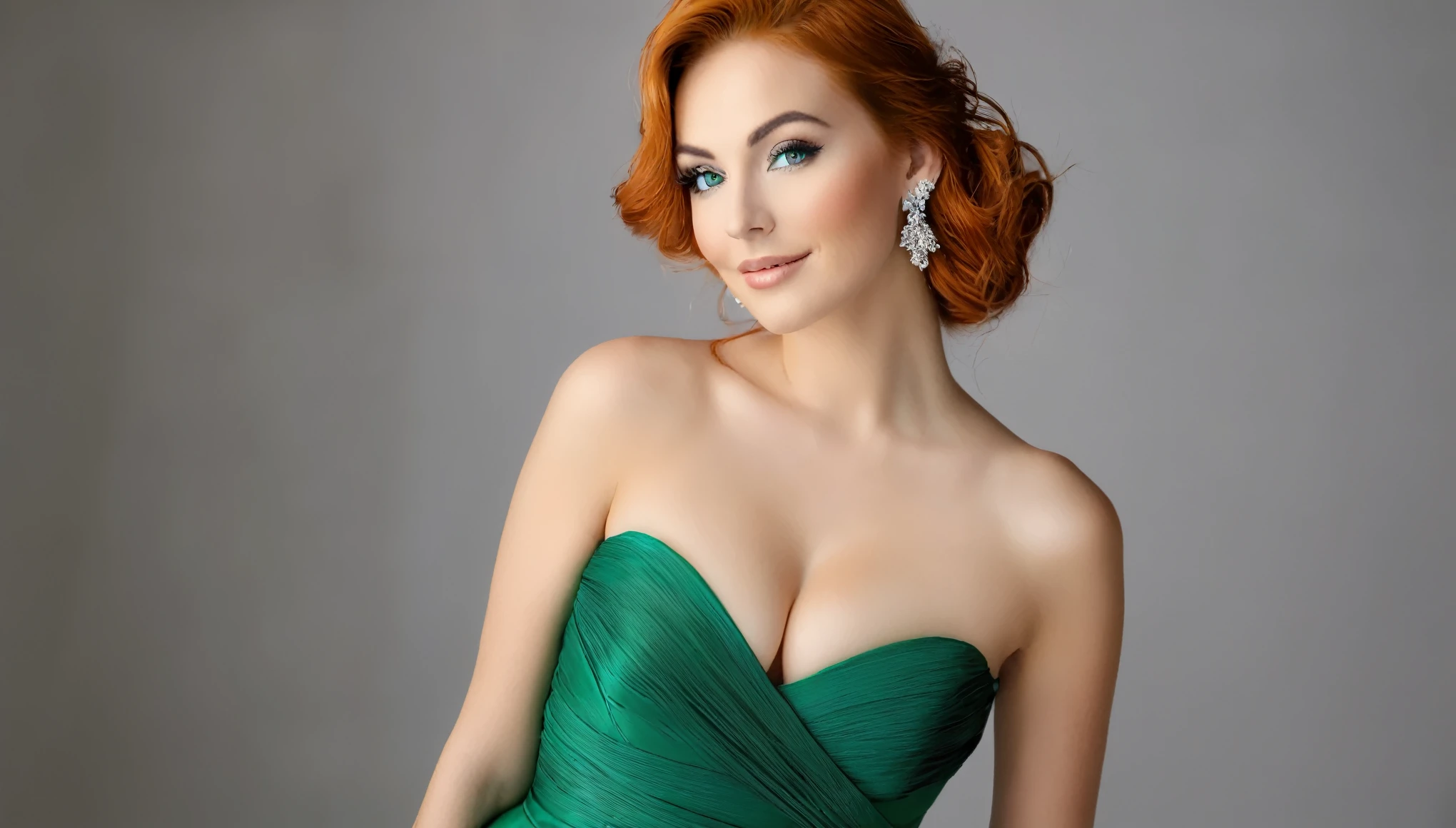 Snapshot of a beautiful 25 year old woman (kein Make-up) auf einer Hochzeit, natural face, blaue Augen, lange orange-rote Haare, blasse Haut, Perfect natural skin, strukturierte Haut, beautiful curves, weibliche Figur, big (Cup size C). She wears very elegant, traumhaftes irish-green Kleid (Cleavage) (viele Details). Breites Lachen. The background is a wedding celebration with many guests. 1 solo girl. Full body shot, Fotorealistisch, RAW-Foto, szenisch, depth of field, detailliertes Gesicht, high resolution, satte Farben, filmische Beleuchtung, Film grain, mittlere Belichtungszeit, mittlere Blende, kleine Brennweite.