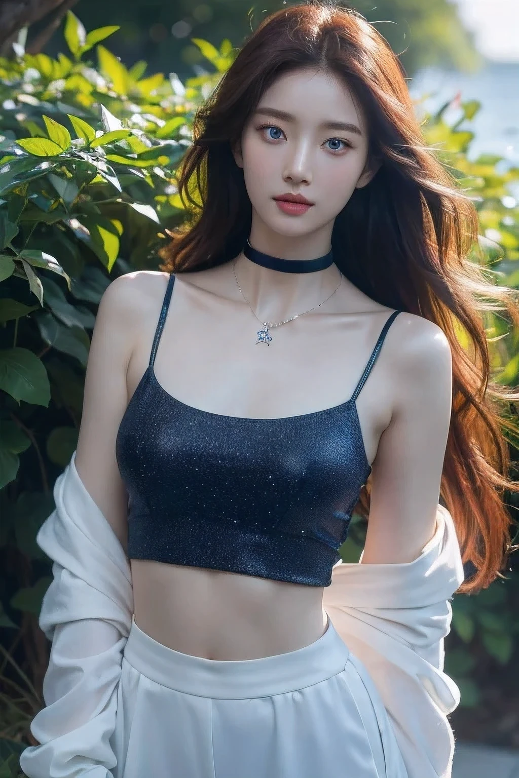 8k, Masterpiece, raw photos, best quality, realistic, Very detailed CG unity 8k wallpaper.., depth of field, movie light, lens flare, Ray Tracing, (Very beautiful face, beautiful lips, beautiful eyes), A face with intricate details, ((The skin has extraordinary details.), รูปถ่ายของสาวสวย 1 คนbest quality, Ultra high resolution, (realistically:1.4),กิ๊บติดผมcute,1 girl,long red hair,cropped sweater ,Beautiful woman with a slim figure:1.4, Pronounced abdomen:1.4, on the island,Extraordinarily detailed face,Exquisite eyes,Double eyelids,choker necklace,cute,blue eyes,Waist cut,