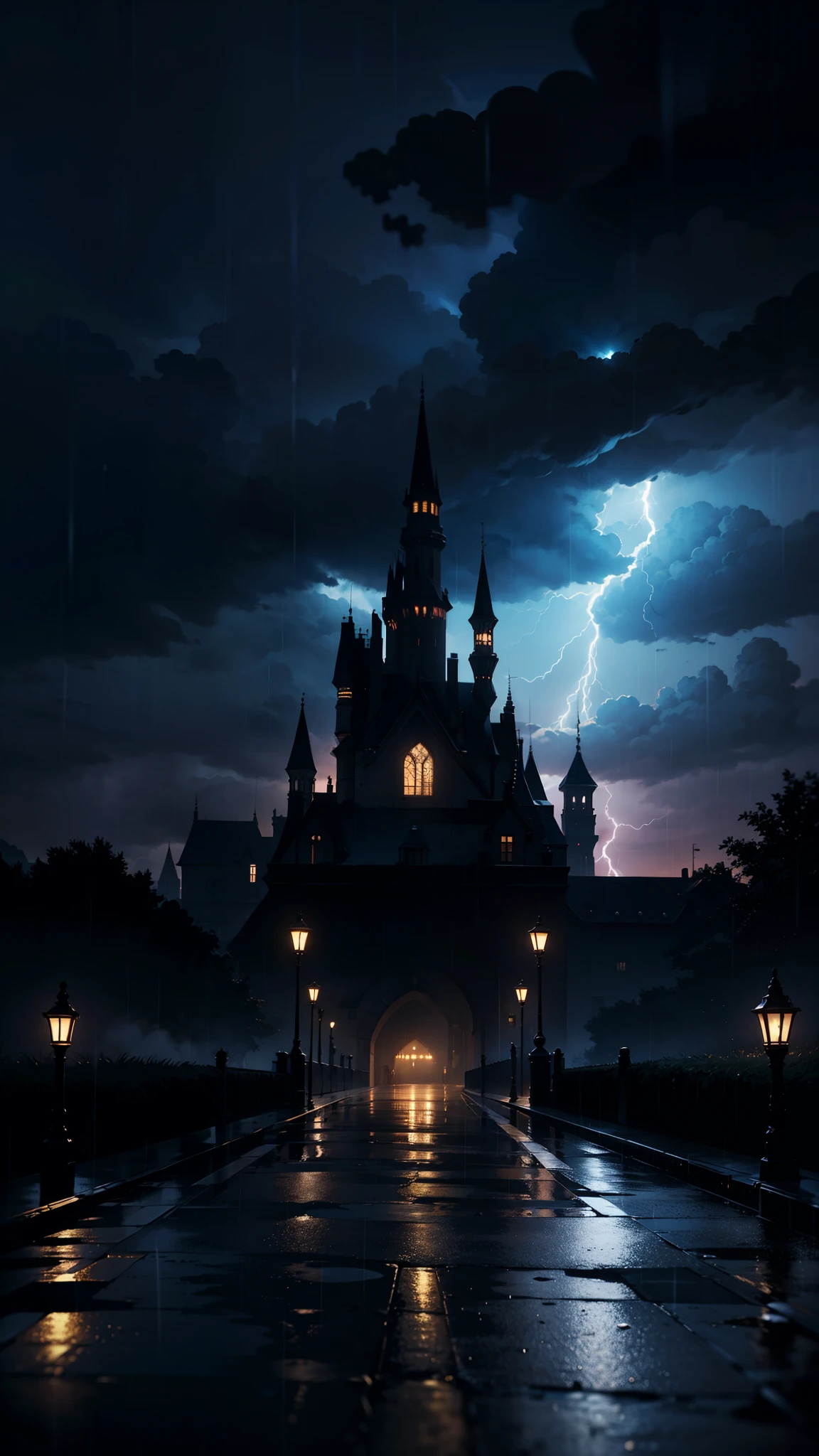 , shadows, lights, earths, 8k, HDR, anime style, full reality,medieval environment,rainy road, night, castle, rain, gray clouds. darkness, darkness, dark and horror environment, lightning, thunder, rain, lots of rain, dark and corpses on the ground