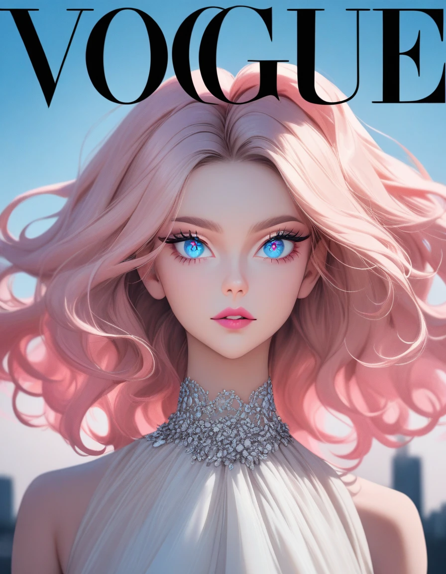 1girl, Magazine Cover, aesthetic, Vogue, masterpiece, best quality, very aesthetic, absurdres,best quality,ultra-detailed,beautiful detailed eyes,beautiful detailed lips,extremely detailed eyes and face,longeyelashes,portrait,hair blowing in the wind,high fashion,stylish outfit,Vogue logo,high contrast,glamorous lighting,shallow depth of field,editorial style,studio photography,cityscape background,fashion model,confident pose,striking composition,vibrant colors,sophisticated elegance,sleek and modern aesthetic