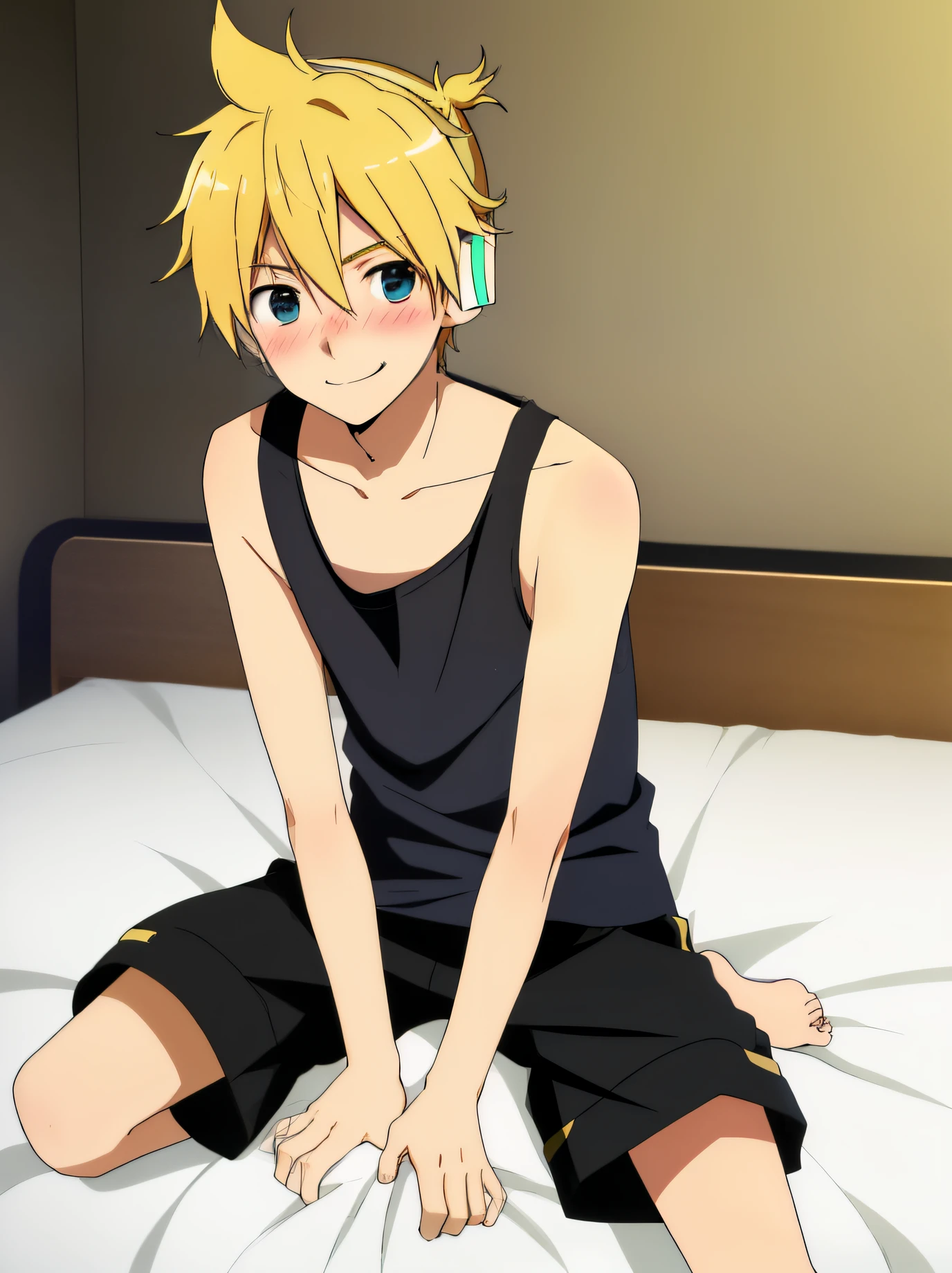 best quality, ultra precision, (one boy), Kagamine len, Blonde hair, cowlick, bedroom, character focus, black short pants, Tank top, innocent, slender, blush, cute, cool, smile a little, happy, Headphones, handsome, he loves you, teenager, high school student, male model, attractive boy, (sit in a crawling position), on bed, (put hands between crotch)