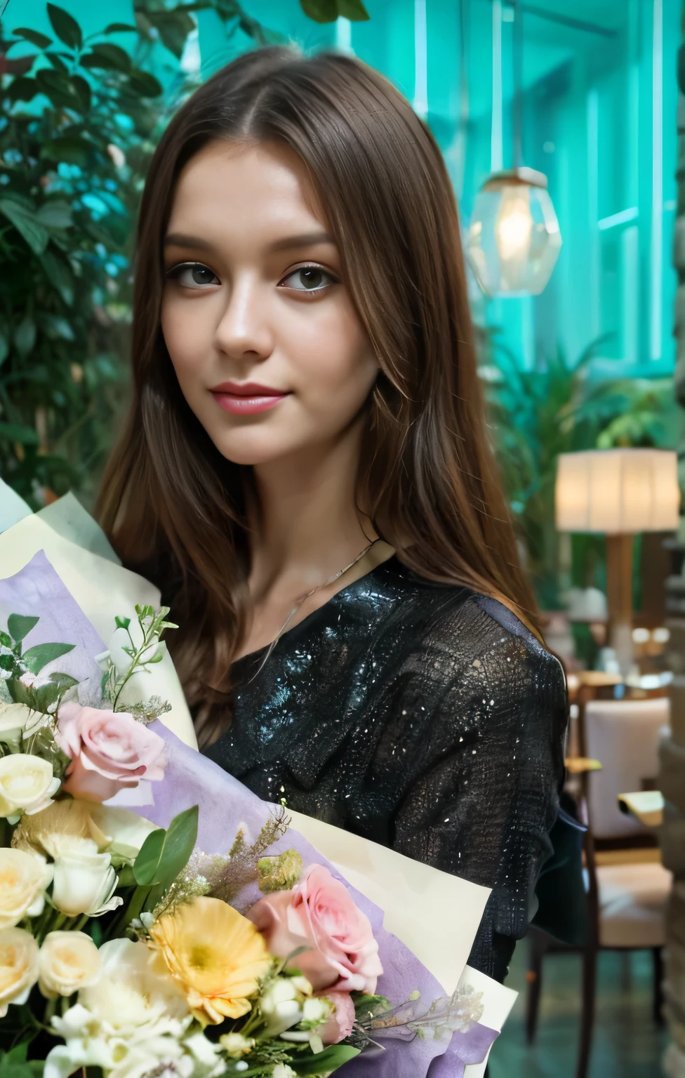 there is a woman holding a bouquet of flowers in a restaurant, with flowers, anastasia ovchinnikova, alina ivanchenko, anna nikonova aka newmilky, ekaterina, beautiful image, yelena belova, moleksandra shchaslyva, anna podedworna, with flowers and plants, bouquet, anna nikonova, dasha taran, straight long hair