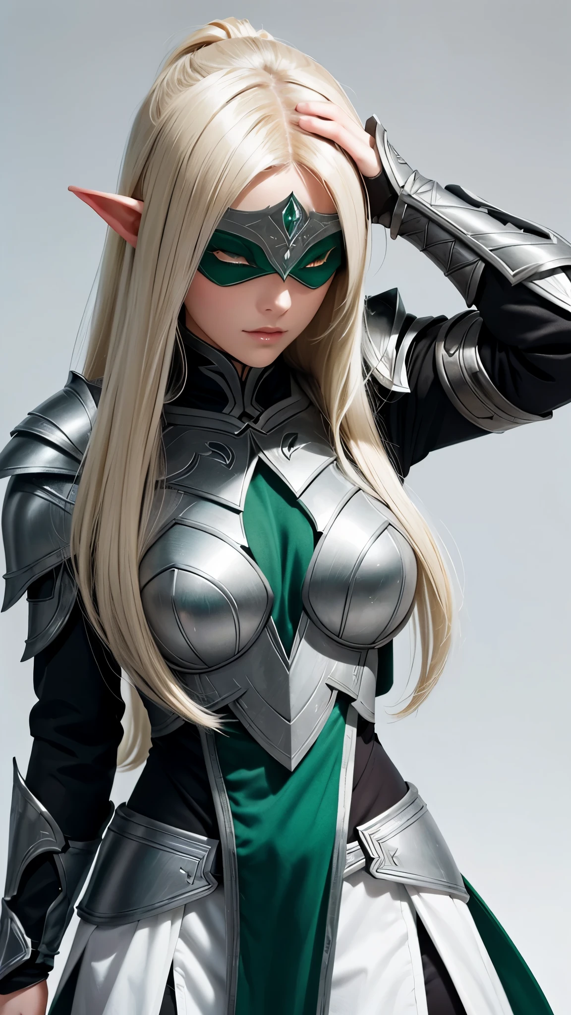 Create an image with a blank, grayish-ivory white background. With a beautiful dark elf knight girl in the bottom of the picture, covering one of her eyes with her hand, her hair was light blonde, emerald green eyes, surly, looking straight ahead, Only half of the body is visible.