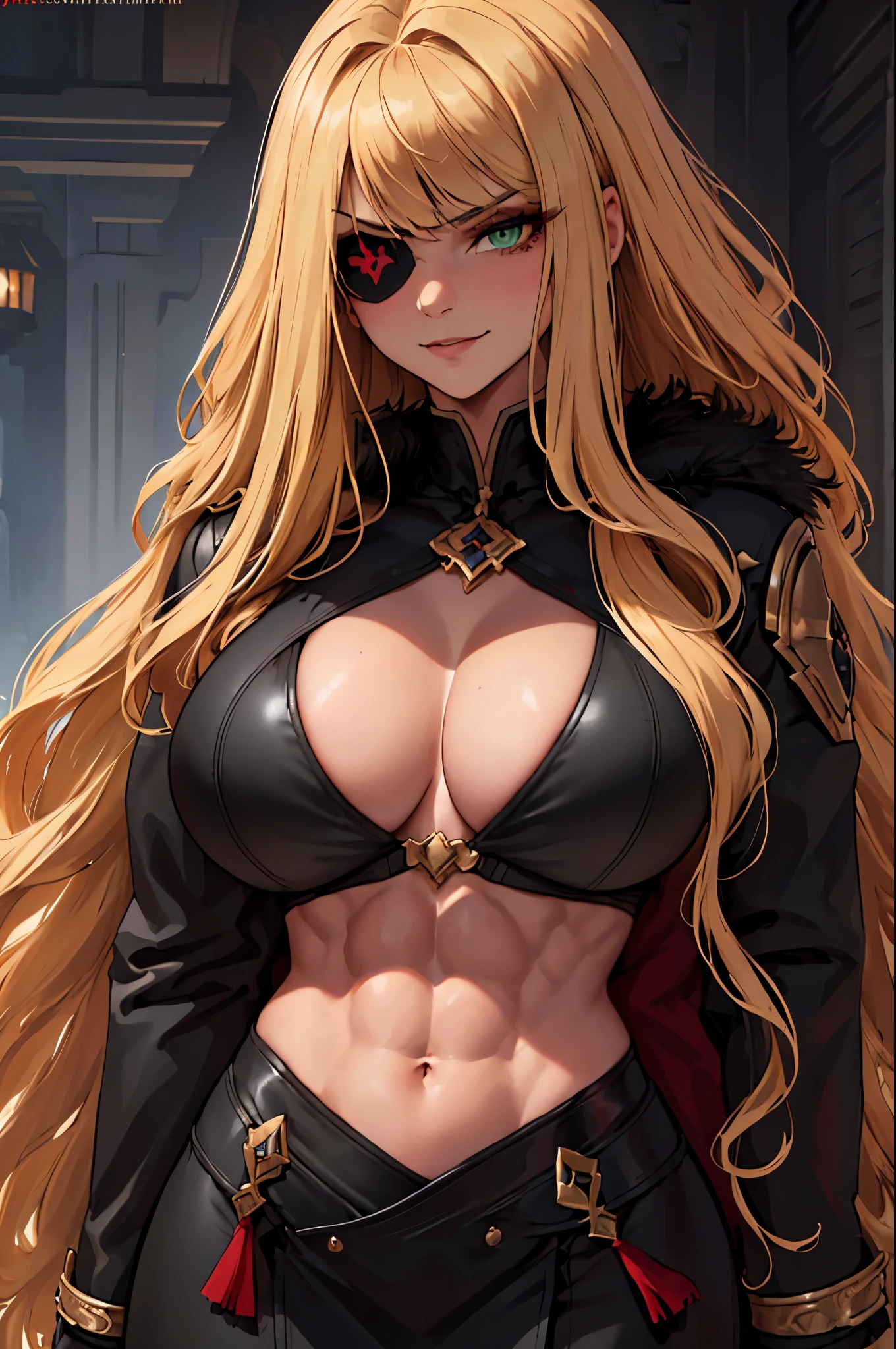 ((masterpiece)), ((best quality)), 1girl, adult, long hair, big bust, ((blonde hair)), very long blonde hair, ((intimidant look)), ((close-up)), profile image, green eyes, black and red clothes, sexy, dark colors, brillant eyes, ((coat with fur)), ((wavy hair)), exposed skin, ((sexy pose)), ((intimidant look)), good anatomy, ((dark sage clothes)), ((straight cut bangs)), emotionless, intimidant, ((beautiful eyes)), dark background, close up, ((detailed eyes)), beautiful eyes, ((detailed face)), hair bang, frontal look, evil, relaxed, smile, magical goddess othinus, abs, detailed face, eyepatch, huge tits, full body, ((detailed))