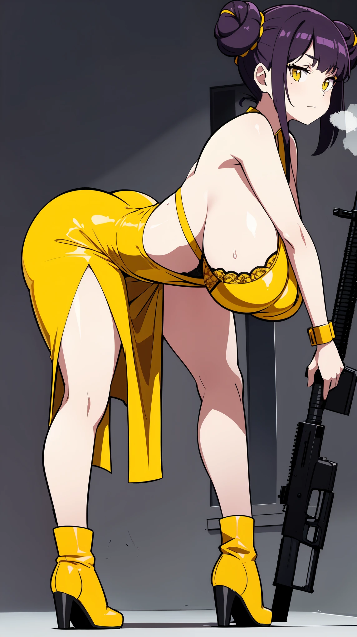 Slime girl, (slime), Slime hair Double buns hair style, Pumpkin Orange, weapon belt, Masterpiece, Best Quality, gigantic breasts, slime girl, slime girl, purple hair, lavender hair, yellow clothes, weapon belt around waistline, rifle, long rifle, AR-15 Rifle, assault rifle, exposed yellow bra, yellow clothing, wearing yellow clothing, fully body view, tight yellow dress, Rifle in hand, mature woman, gorgeous, perverted, sexy, yellow dress, exposed chest, exposed bra, exposed breast, black boots/heels, gold bracelets around wrist, holding rifle, aiming with rifle, tactical stance, tactical gear, sweaty body, long legs, tall woman, lustful yellow eyes, yellow lingerie , Slime girl, (slime), Slime hair Double buns hair style, Pumpkin Orange, weapon belt, Masterpiece, Best Quality, gigantic breasts, slime girl, slime girl, purple hair, lavender hair, yellow clothes, weapon belt around waistline, rifle, long rifle, AR-15 Rifle, assault rifle, exposed yellow bra, yellow clothing, wearing yellow clothing, fully body view, tight yellow dress, Rifle in hand, mature woman, gorgeous, perverted, sexy, yellow dress, exposed chest, exposed bra, exposed breast, black boots/heels, gold bracelets around wrist, holding rifle, aiming with rifle, tactical stance, tactical gear, sweaty body, long legs, tall woman, lustful yellow eyes, yellow lingerie, mature body, mature face, dark purple hair color, purple hair, bending down, bent over, crouching 