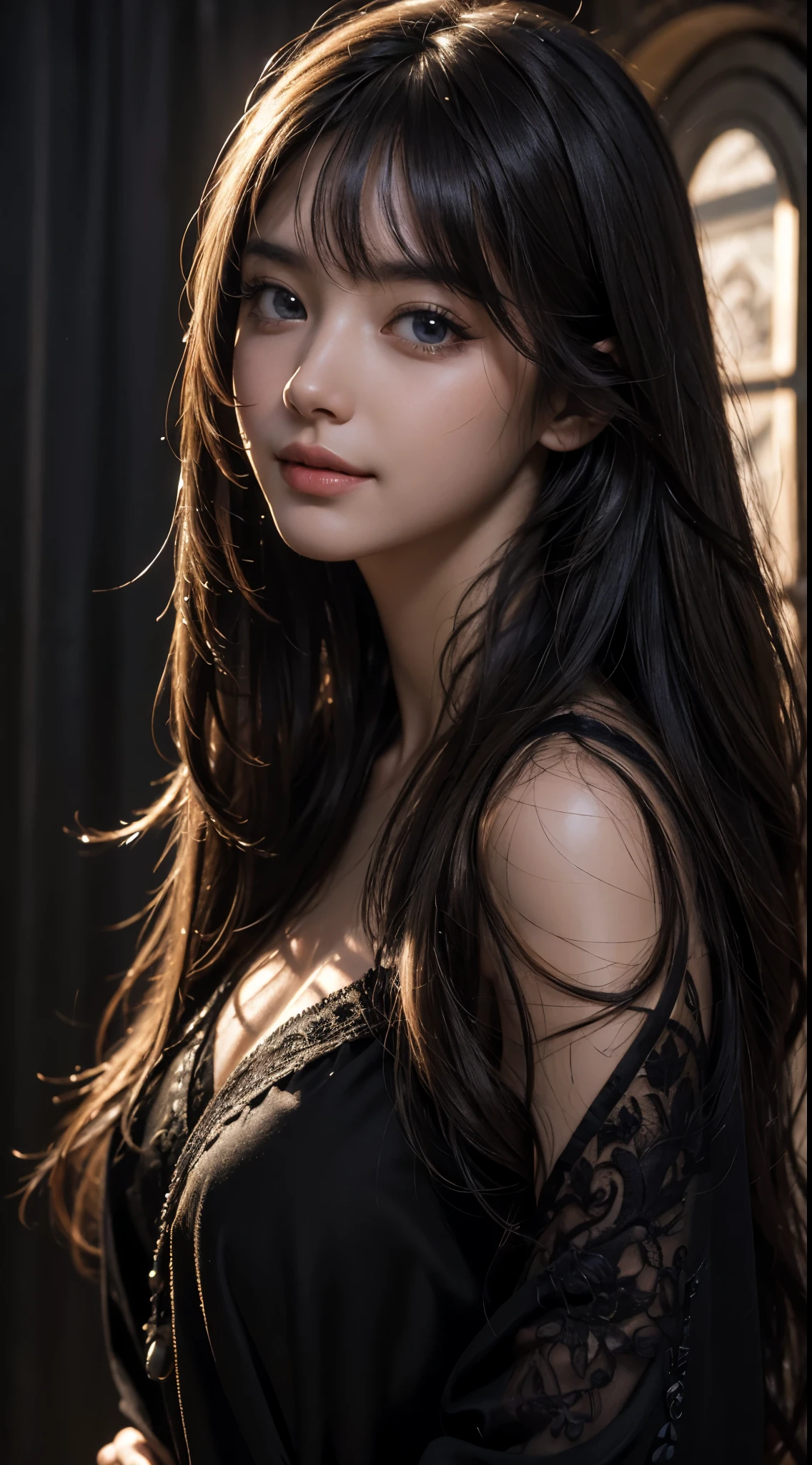 (Ultra Realistic), (Illustration), (Increased Resolution), (8K), (Extremely Detailed), (Best Illustration), (Beautiful and Detailed Eyes), (Best Quality), (Ultra Detailed), (Masterpiece ), ( wallpaper), (detailed face), solo, 1 girl, looking at viewer, fine details, detailed face, in the dark, deep shadows, low key, pureerosfaceace_v1, smiling, long hair, black shawl straight hair , 46 points oblique bangs