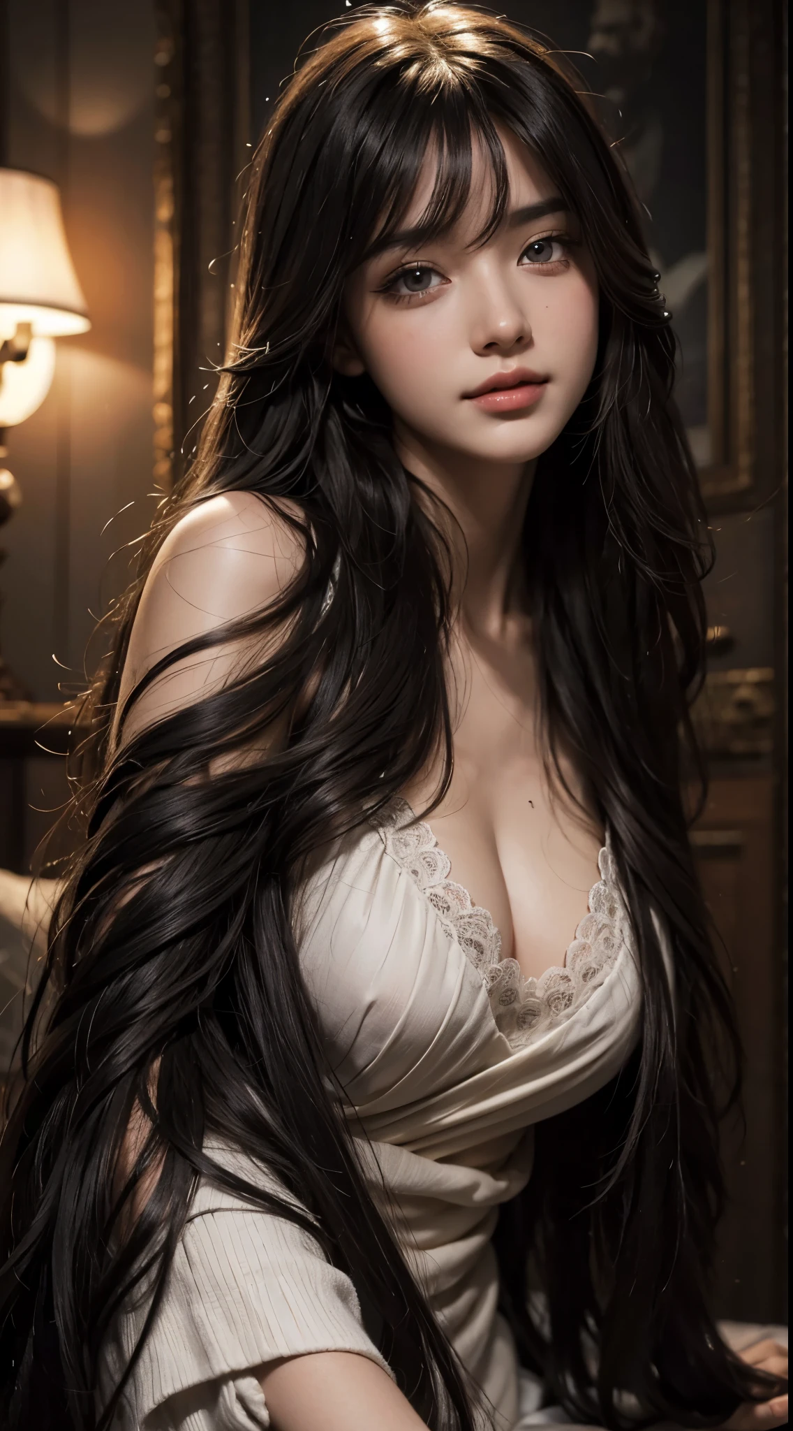 (Ultra Realistic), (Illustration), (Increased Resolution), (8K), (Extremely Detailed), (Best Illustration), (Beautiful and Detailed Eyes), (Best Quality), (Ultra Detailed), (Masterpiece ), ( wallpaper), (detailed face), solo, 1 girl, looking at viewer, fine details, detailed face, in the dark, deep shadows, low key, pureerosfaceace_v1, smiling, long hair, black shawl straight hair , 46 points oblique bangs