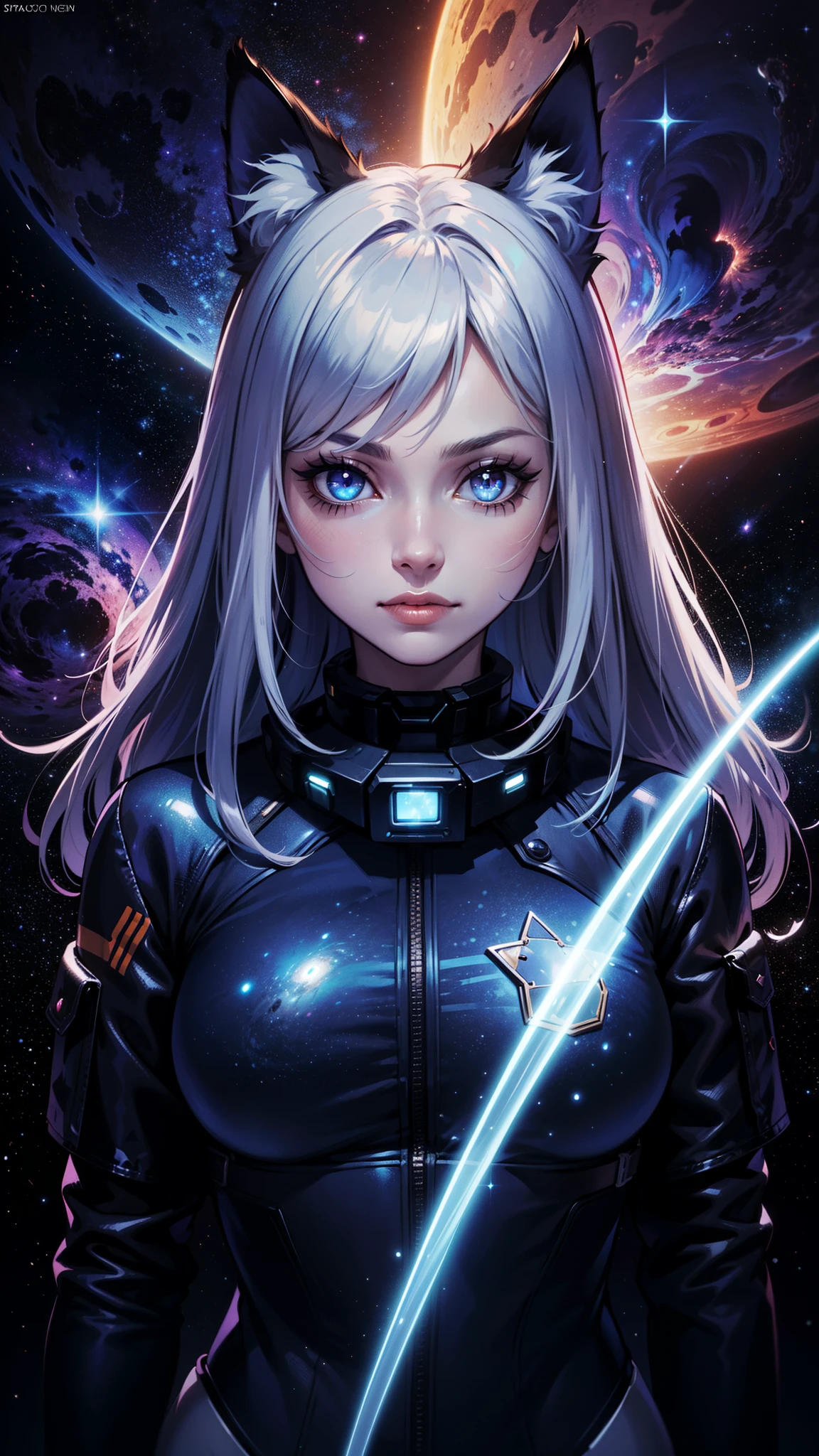 (best quality,highres,masterpiece:1.2),ultra-detailed,portrait,cute and handsome cat-girl woman in space suit from old movies,anime,space,mysterious atmosphere,galactic background,sparkling stars,blueish-purple color palette,futuristic lighting,retro-futuristic,ancient technology,unique character design,long silver hair,sleek and shiny spacesuit with intricate details,cat ears and tail,cat-like eyes with mesmerizing gaze,adorable expressions,playful personality,floating in zero gravity,holding a holographic device,exploring unknown galaxies,cosmic adventures,sci-fi concept art.