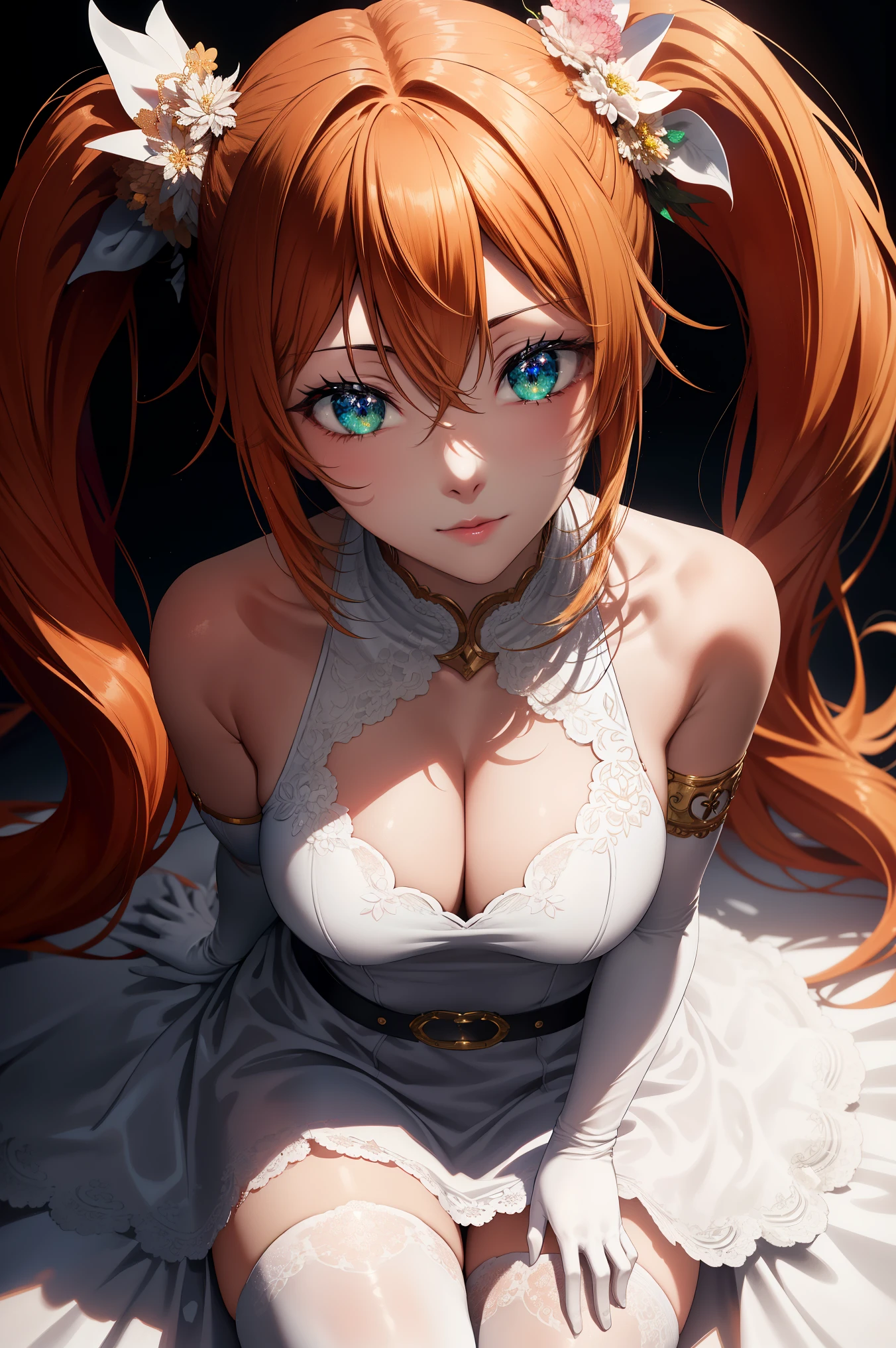 score_8_up, score_7_up, source_anime,medium breasts, purple eyes, shidou irina, orange hair, long hair, twintails, detailed anime eyes ,
BREAK (dress, green dress, two-tone dress, white dress, sleeveless, sleeveless dress, gloves, elbow gloves, white gloves, armlet, jewelry, cleavage cutout, belt, short dress, thighhighs, white thighhighs, bare shoulders, cleavage:1.2),
BREAK sitting,
BREAK (masterpiece:1.2), best quality, high resolution, unity 8k wallpaper, (illustration:0.8), (beautiful detailed eyes:1.6), extremely detailed face, perfect lighting, extremely detailed CG, (perfect hands, perfect anatomy),perfect face,