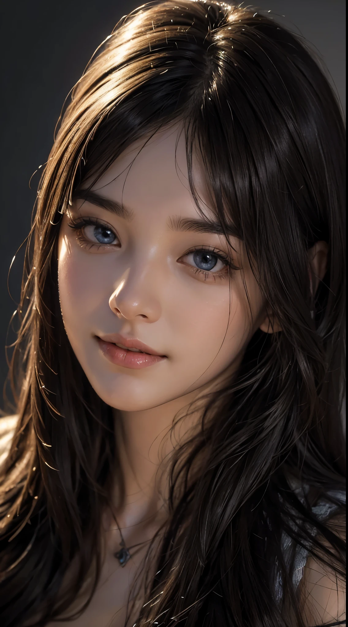 (Ultra Realistic), (Illustration), (Increased Resolution), (8K), (Extremely Detailed), (Best Illustration), (Beautiful and Detailed Eyes), (Best Quality), (Ultra Detailed), (Masterpiece ), ( wallpaper), (detailed face), solo, 1 girl, looking at viewer, fine details, detailed face, in the dark, deep shadows, low key, pureerosfaceace_v1, smiling, long hair, black shawl straight hair , 46 points oblique bangs