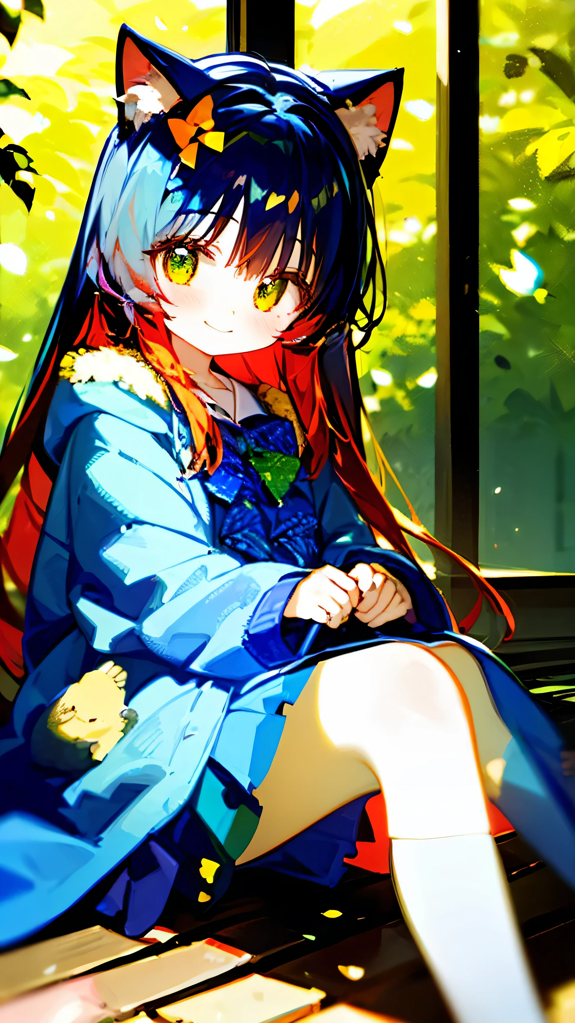 (masterpiece),(best quality),(Rich details),catwoman,Lovely,Long orange hair ,Orange cat ears , Green gradient eyes , Wearing a beautiful blue pleated skirt , wearing a light coat , Blue bow tied in hair,sunny,small breasts,Smile,Hide your hands in your sleeves,sit on the floor,side facing camera