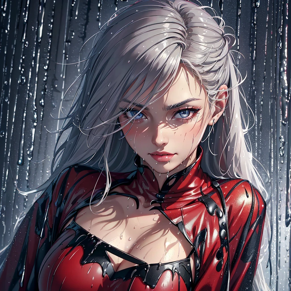 (Best quality, 4K, tmasterpiece :1.Beutiful women, 1 Sister, (, attractive body :1.2), Abs :1.1, grey hair: 1.1, (rainy wet, wet from rain, Soaked :1.2), The face very detailed, detailed lips, detailed eyes, double eyelid, red clothing. smirk.