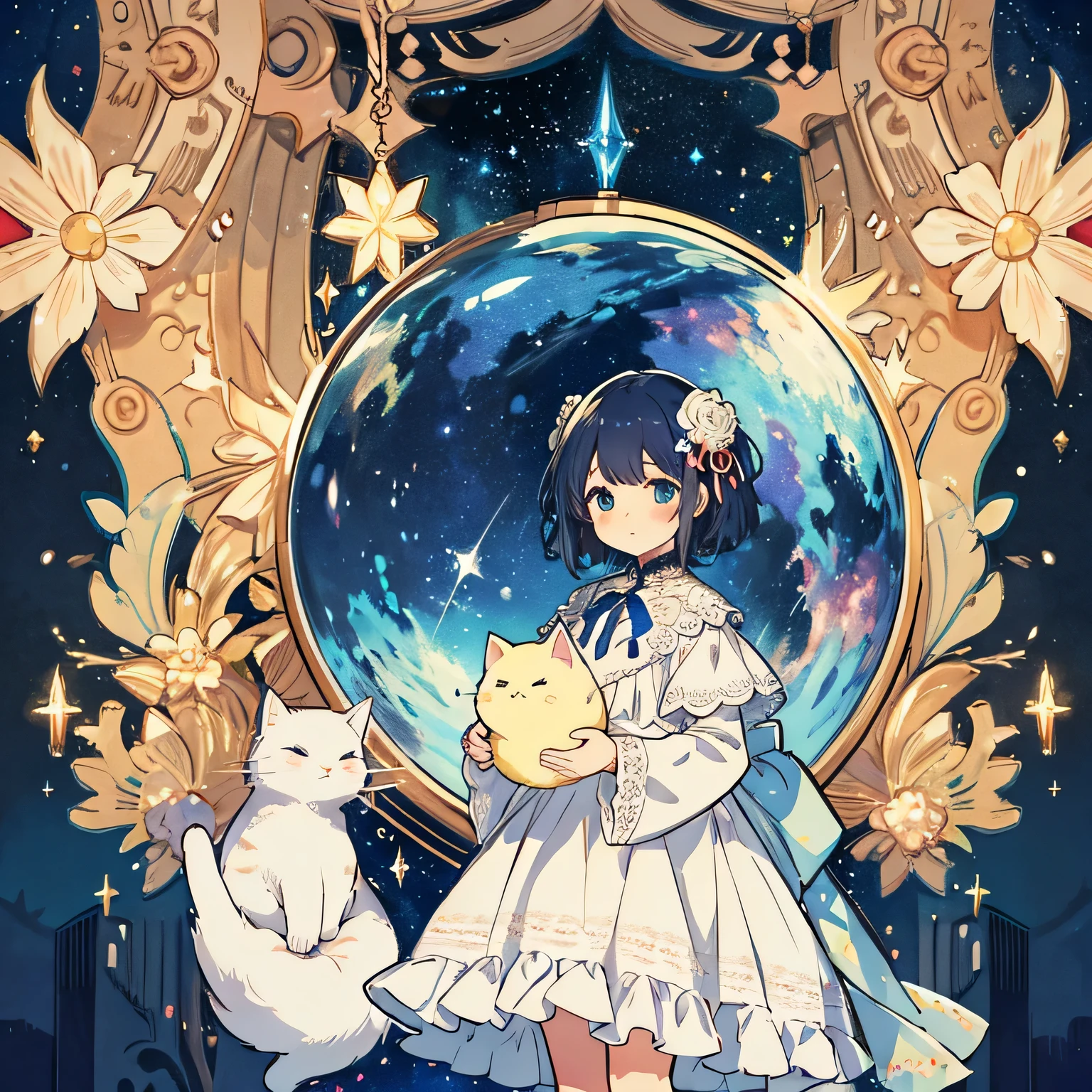 Space city full of stars, precise drawings, A glittering city, illumination, Brilliant, wonderful, fantasy, break, 6 year old girl and cat traveling, cute dress full of lace, Ribbons and frills , break, Sparkling and transparent, cute, wonderful, fantasy, precise drawings, high quality, 4k, 8K, 16k,nostalgic scenery