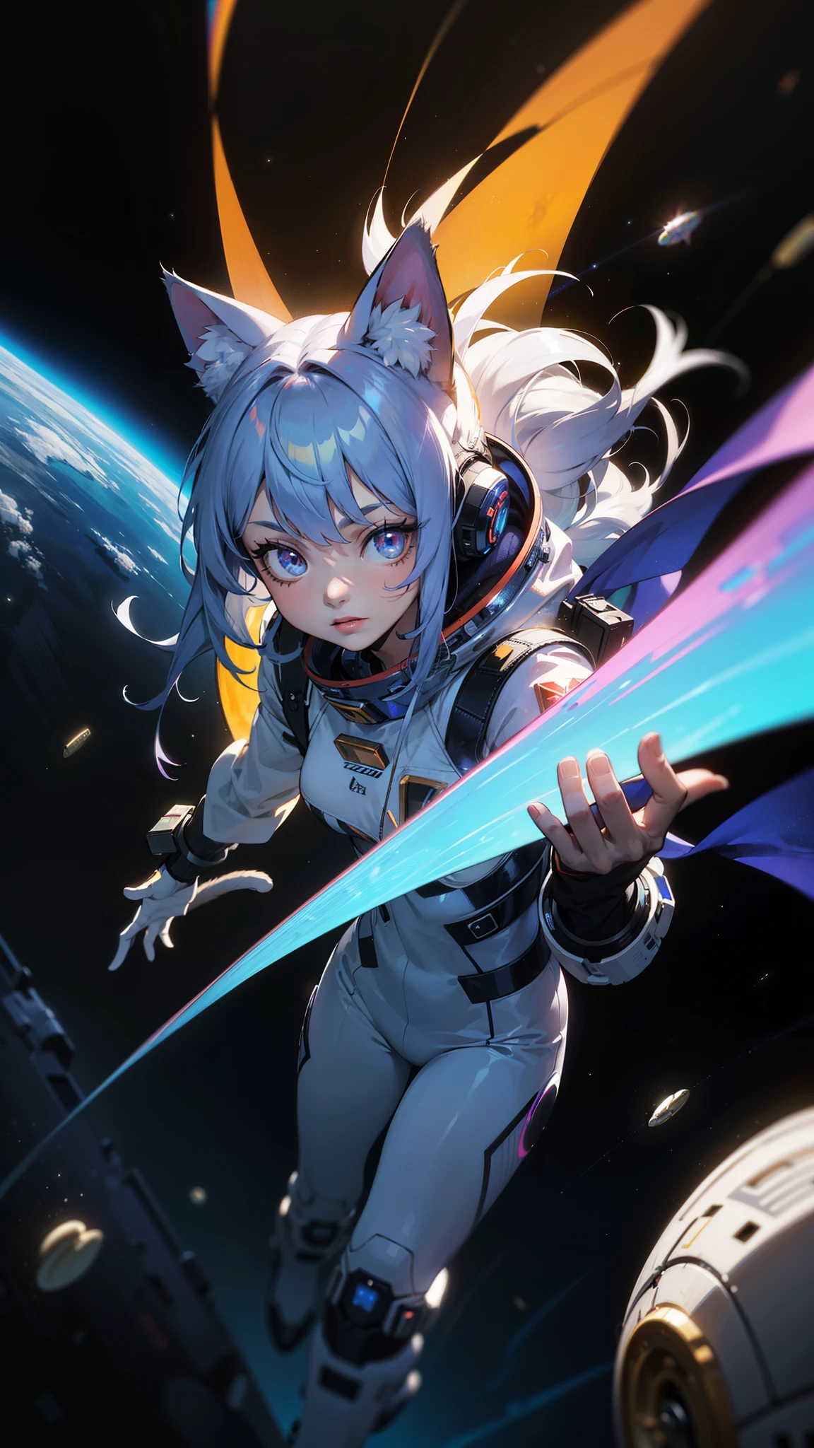 (best quality,highres,masterpiece:1.2),ultra-detailed,portrait,cute and handsome cat-girl woman in space suit from old movies,anime,space,mysterious atmosphere,galactic background,sparkling stars,blueish-purple color palette,futuristic lighting,retro-futuristic,ancient technology,unique character design,long silver hair,sleek and shiny spacesuit with intricate details,cat ears and tail,cat-like eyes with mesmerizing gaze,adorable expressions,playful personality,floating in zero gravity,holding a holographic device,exploring unknown galaxies,cosmic adventures,sci-fi concept art.