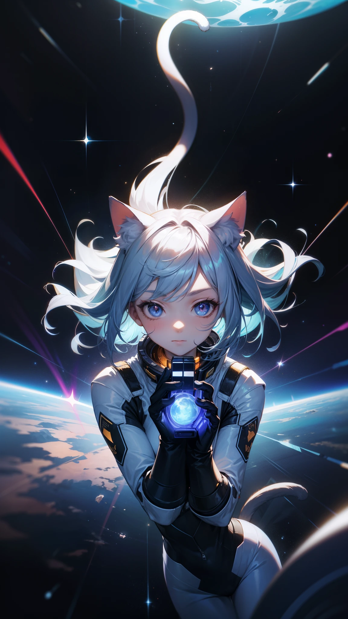 (best quality,highres,masterpiece:1.2),ultra-detailed,portrait,cute and handsome cat-girl woman in space suit from old movies,anime,space,mysterious atmosphere,galactic background,sparkling stars,blueish-purple color palette,futuristic lighting,retro-futuristic,ancient technology,unique character design,long silver hair,sleek and shiny spacesuit with intricate details,cat ears and tail,cat-like eyes with mesmerizing gaze,adorable expressions,playful personality,floating in zero gravity,holding a holographic device,exploring unknown galaxies,cosmic adventures,sci-fi concept art.