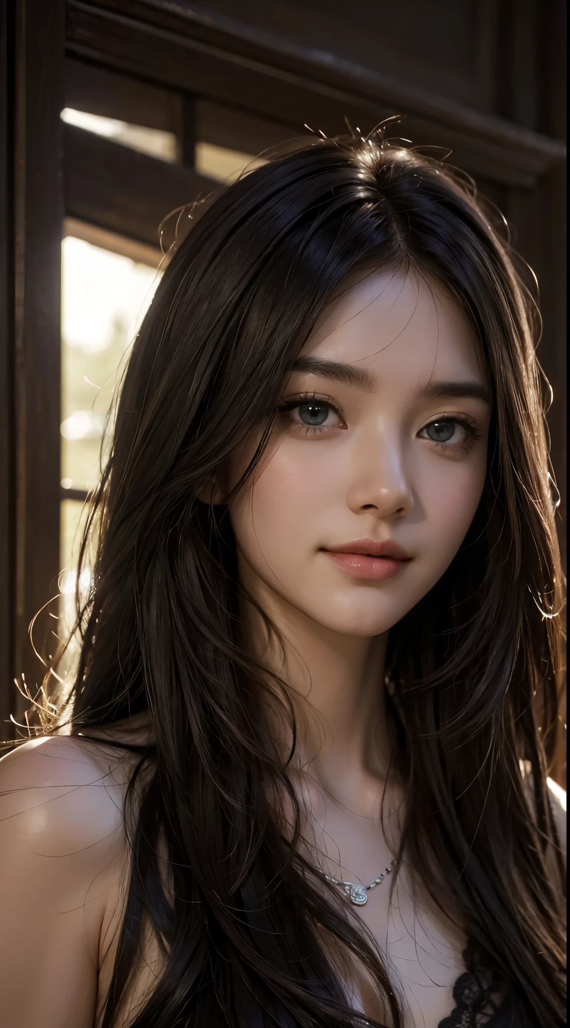 (Ultra Realistic), (Illustration), (Increased Resolution), (8K), (Extremely Detailed), (Best Illustration), (Beautiful and Detailed Eyes), (Best Quality), (Ultra Detailed), (Masterpiece ), ( wallpaper), (detailed face), solo, 1 girl, looking at viewer, fine details, detailed face, in the dark, deep shadows, low key, pureerosfaceace_v1, smiling, long hair, black shawl straight hair , 46 points oblique bangs