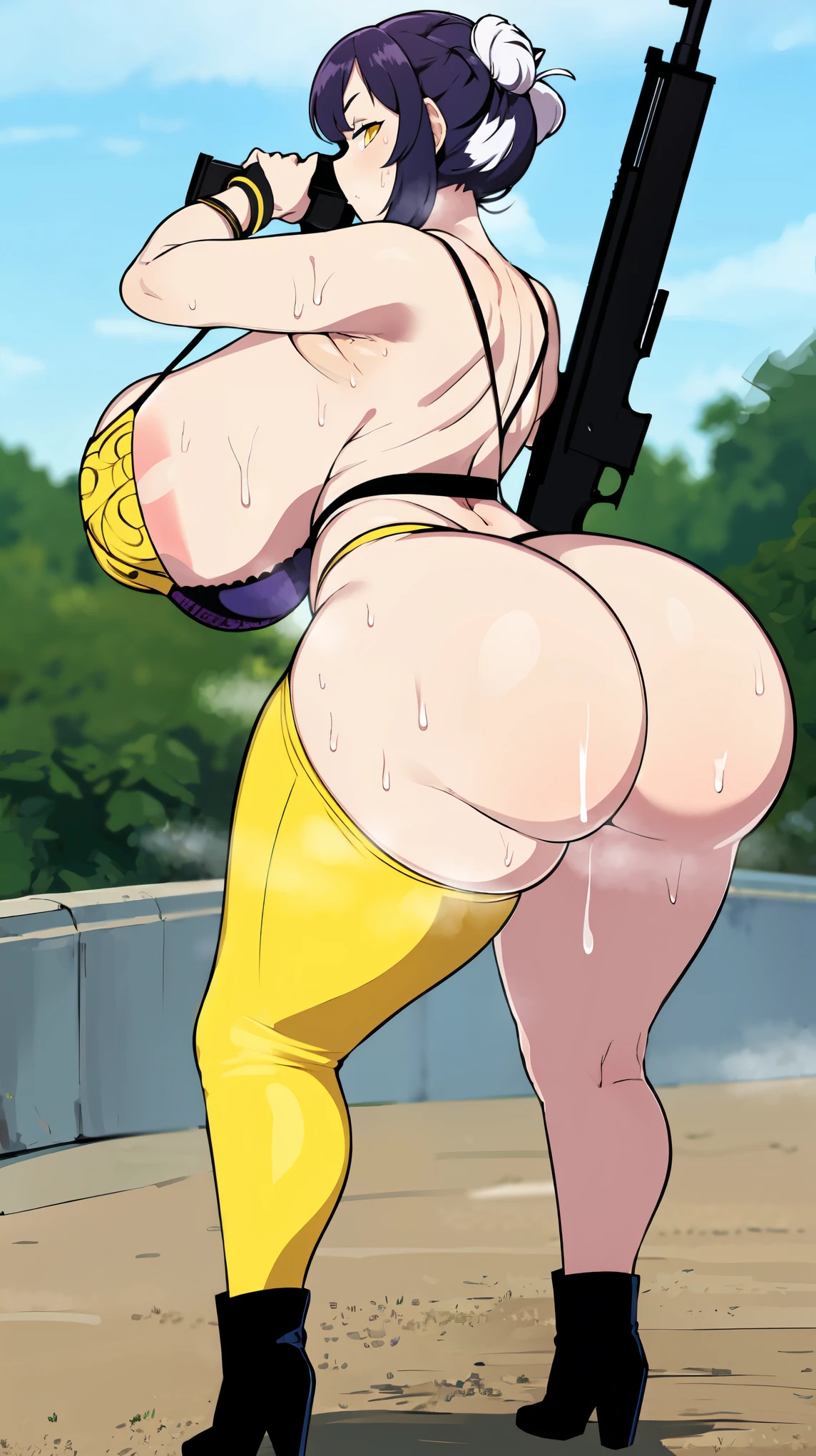 Slime girl, (slime), Slime hair Double buns hair style, Pumpkin Orange, weapon belt, Masterpiece, Best Quality, gigantic breasts, slime girl, slime girl, purple hair, lavender hair, yellow clothes, weapon belt around waistline, rifle, long rifle, AR-15 Rifle, assault rifle, exposed yellow bra, yellow clothing, wearing yellow clothing, fully body view, tight yellow dress, Rifle in hand, mature woman, gorgeous, perverted, sexy, yellow dress, exposed chest, exposed bra, exposed breast, black boots/heels, gold bracelets around wrist, holding rifle, aiming with rifle, tactical stance, tactical gear, sweaty body, long legs, tall woman, lustful yellow eyes, yellow lingerie , Slime girl, (slime), Slime hair Double buns hair style, Pumpkin Orange, weapon belt, Masterpiece, Best Quality, gigantic breasts, slime girl, slime girl, purple hair, lavender hair, yellow clothes, weapon belt around waistline, rifle, long rifle, AR-15 Rifle, assault rifle, exposed yellow bra, yellow clothing, wearing yellow clothing, fully body view, tight yellow dress, Rifle in hand, mature woman, gorgeous, perverted, sexy, yellow dress, exposed chest, exposed bra, exposed breast, black boots/heels, gold bracelets around wrist, holding rifle, aiming with rifle, tactical stance, tactical gear, sweaty body, long legs, tall woman, lustful yellow eyes, yellow lingerie, mature body, mature face, dark purple hair color, purple hair, big butt