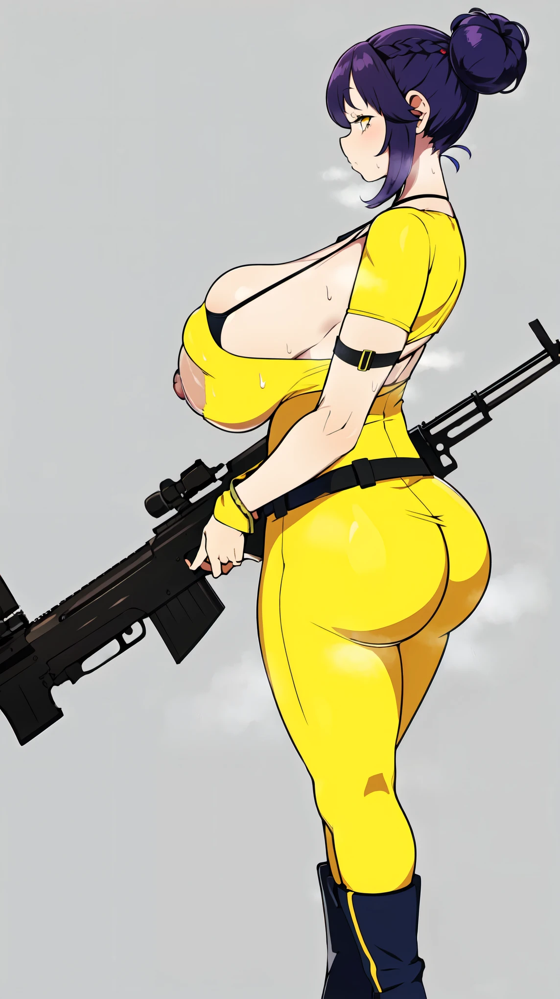 Slime girl, (slime), Slime hair Double buns hair style, Pumpkin Orange, weapon belt, Masterpiece, Best Quality, gigantic breasts, slime girl, slime girl, purple hair, lavender hair, yellow clothes, weapon belt around waistline, rifle, long rifle, AR-15 Rifle, assault rifle, exposed yellow bra, yellow clothing, wearing yellow clothing, fully body view, tight yellow dress, Rifle in hand, mature woman, gorgeous, perverted, sexy, yellow dress, exposed chest, exposed bra, exposed breast, black boots/heels, gold bracelets around wrist, holding rifle, aiming with rifle, tactical stance, tactical gear, sweaty body, long legs, tall woman, lustful yellow eyes, yellow lingerie , Slime girl, (slime), Slime hair Double buns hair style, Pumpkin Orange, weapon belt, Masterpiece, Best Quality, gigantic breasts, slime girl, slime girl, purple hair, lavender hair, yellow clothes, weapon belt around waistline, rifle, long rifle, AR-15 Rifle, assault rifle, exposed yellow bra, yellow clothing, wearing yellow clothing, fully body view, tight yellow dress, Rifle in hand, mature woman, gorgeous, perverted, sexy, yellow dress, exposed chest, exposed bra, exposed breast, black boots/heels, gold bracelets around wrist, holding rifle, aiming with rifle, tactical stance, tactical gear, sweaty body, long legs, tall woman, lustful yellow eyes, yellow lingerie, mature body, mature face, dark purple hair color, purple hair, big butt