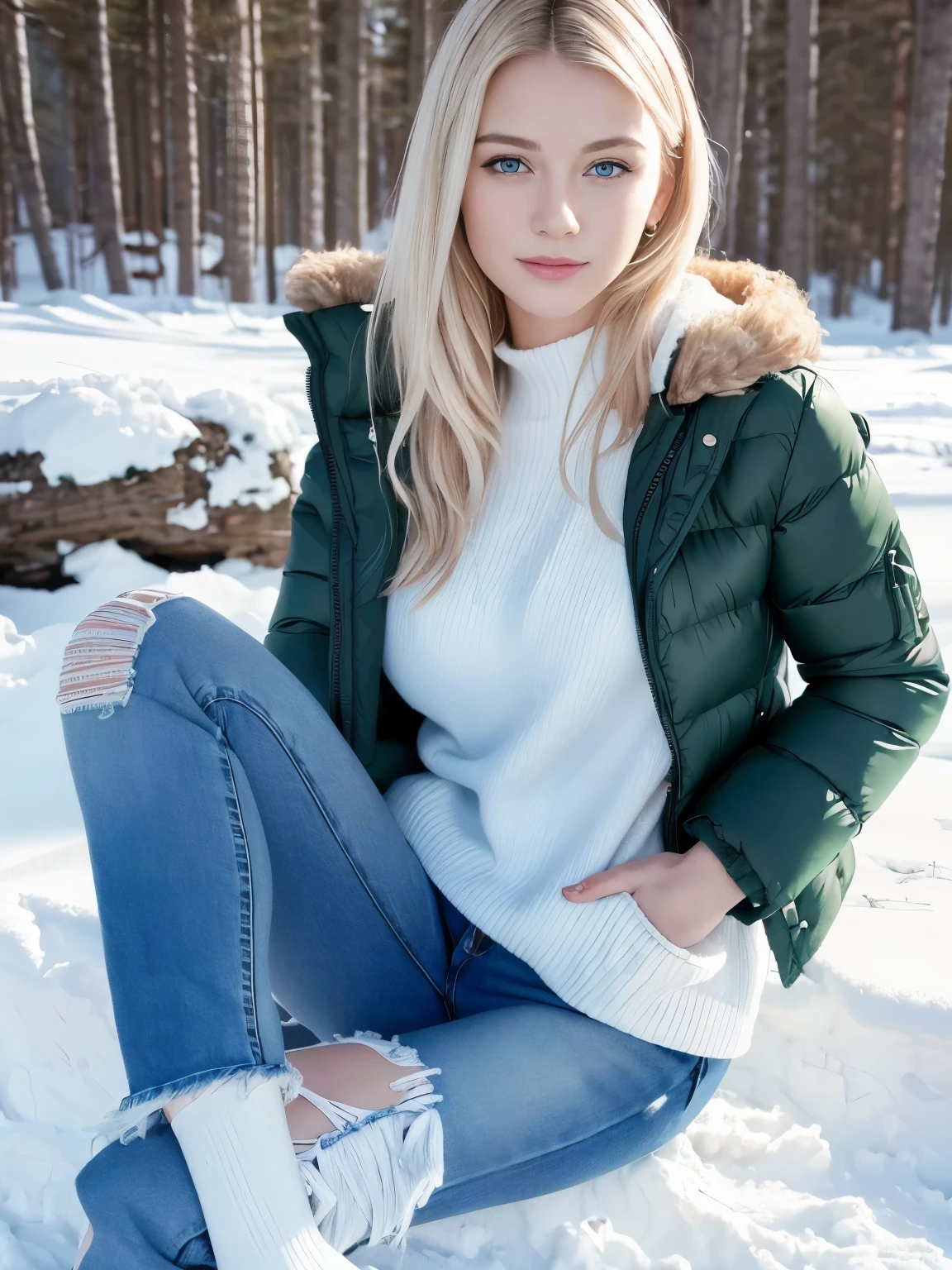 (best quality:1.2,highres,ultra-detailed,realistic:1.3),scandinavian beautiful woman,18 years old, cabello blonde, pale skin, cabello muy largo, beautiful face,white skin,happy, laughing,wide hips,muscular abdomen,green eyes,, hermosas piernas, descalza,waist length hair, very long hair, en la nieve jugando, ropa abrigada, chaleco, jacket,jeans