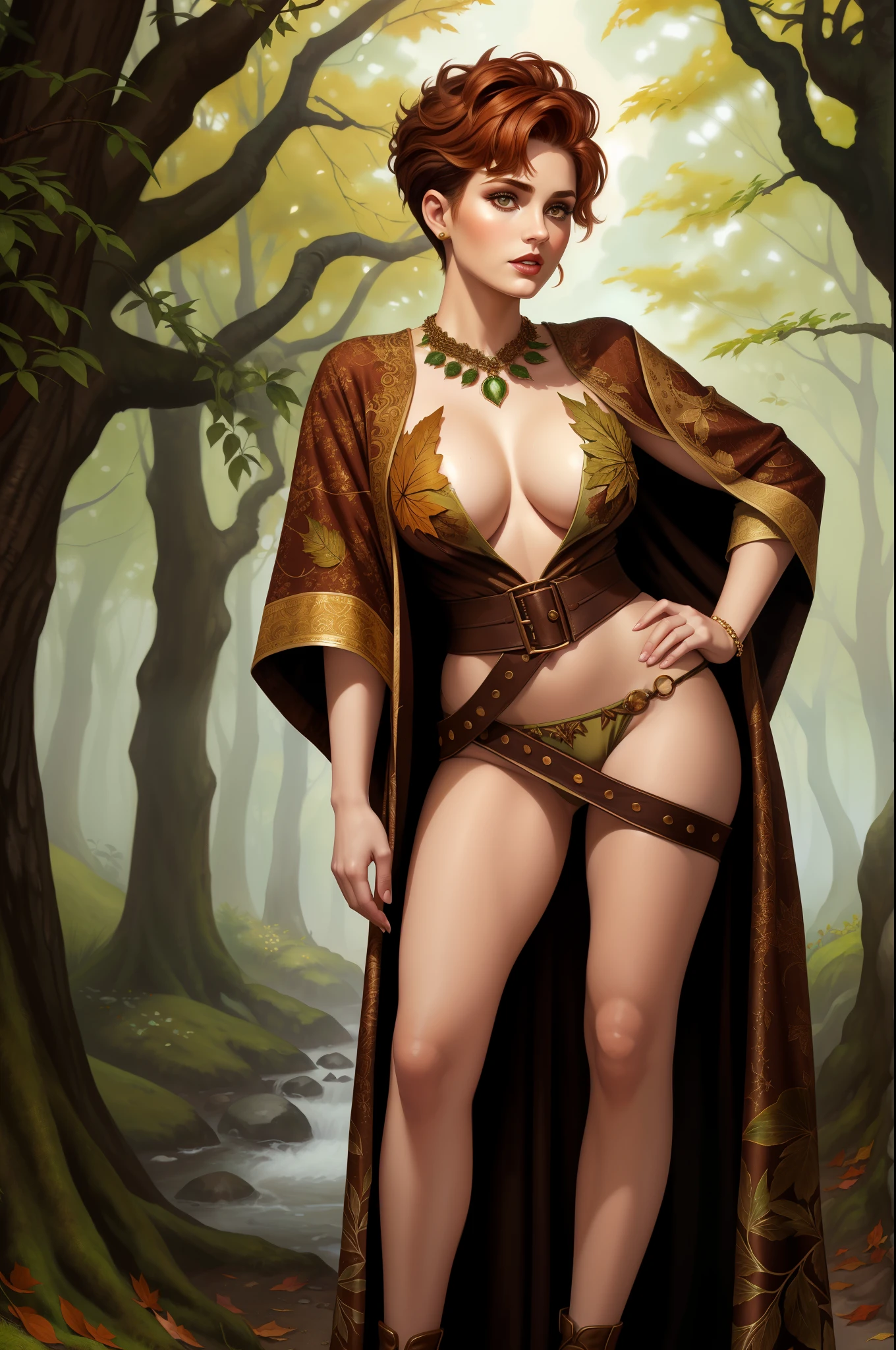 a portrait of a babe temptress , druid, leaf robe, perfect face, pretty face, brown eyes, auburn hair, Hi-top fade, very short hair, flat chest, lush detail, absurdres, clothes made of leaves, full body shot