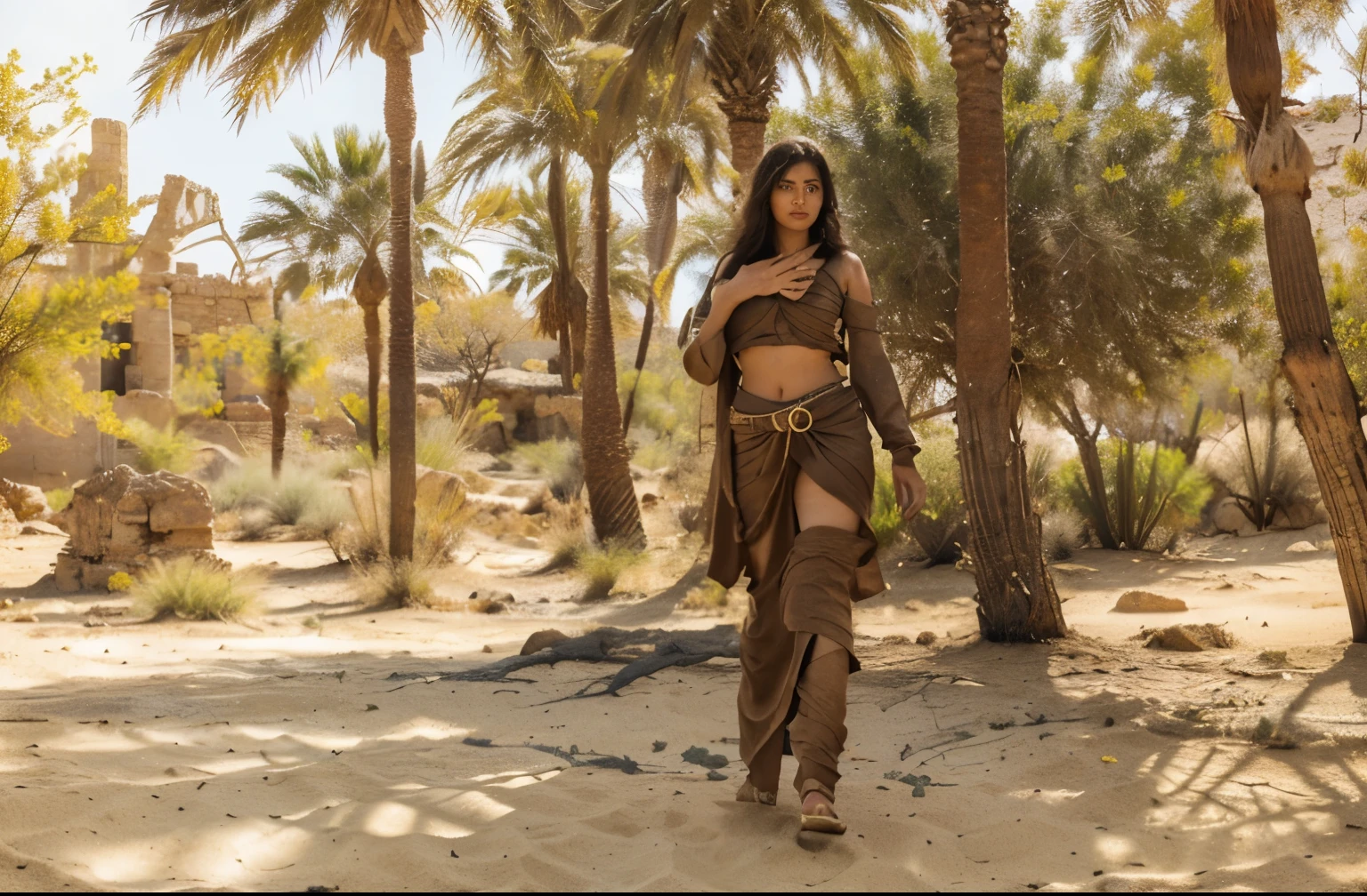 (Best quality, 8k, 32k, Masterpiece, UHD:1.2), "Transform the image into a mesmerizing desert landscape reminiscent of the mystical realm of Sumeru from Genshin Impact.
Begin by depicting vast expanses of golden sands stretching as far as the eye can see, with towering sand dunes rising and falling like waves in an ocean. Render the dunes with intricate detail, capturing the rippling textures and shifting patterns created by the wind.
Incorporate elements of ancient ruins scattered throughout the desert, with weathered stone structures partially buried beneath the sands. Show crumbling pillars, broken archways, and eroded statues rising from the desert floor, hinting at the passage of time and the mysteries of the past.
Use dynamic lighting to evoke the harsh glare of the desert sun, casting long shadows across the landscape and illuminating the ruins with warm, golden hues. Show sunlight reflecting off the sands, creating a shimmering mirage effect in the distance.
Include subtle touches of vegetation such as hardy desert plants and scattered patches of scrub brush, adding contrast to the barren landscape and hinting at signs of life amidst the desolation.
Finally, imbue the scene with an air of ancient mysticism and intrigue, inviting viewers to explore the secrets hidden within the shifting sands of Sumeru."