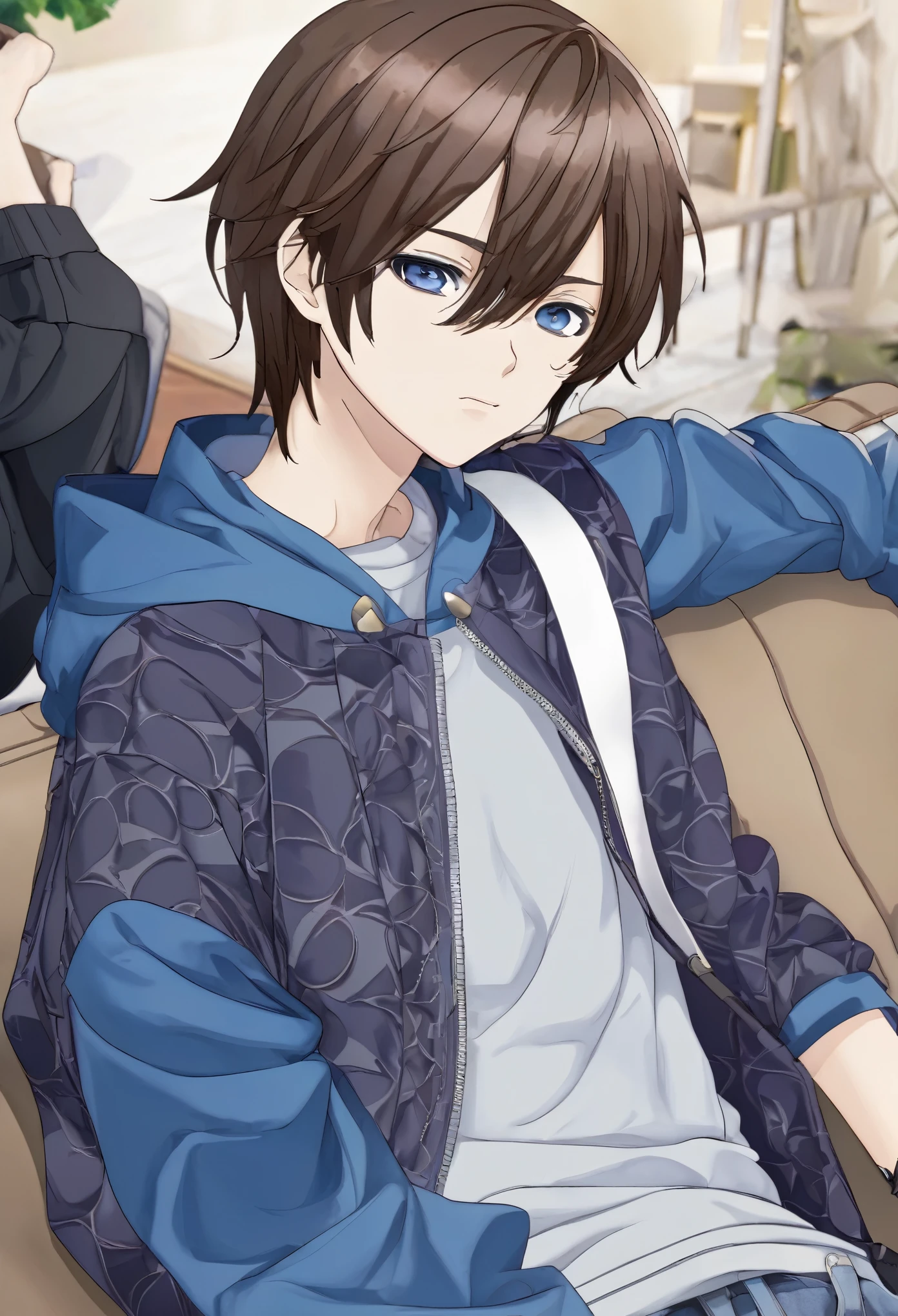 Un chico con el cuerpo de Haruka nanase de free, con rasgos faciales de cale henistesu de The thash of The counts family, con los ojos azules, el corte de pelo miyamura izumi, brown hair color, con maquillaje de un emo y que lleve ropa casual.
