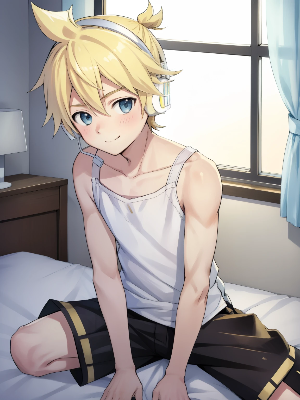 best quality, ultra precision, (one boy), Young boy, Shota,  Kagamine len, Blonde hair, cowlick, bedroom, character focus, black short pants, Tank top, innocent, slender, blush, cute, cool, smile a little, happy, Headphones, handsome, high school student, male model, attractive boy, (sit in a crawling position), on bed