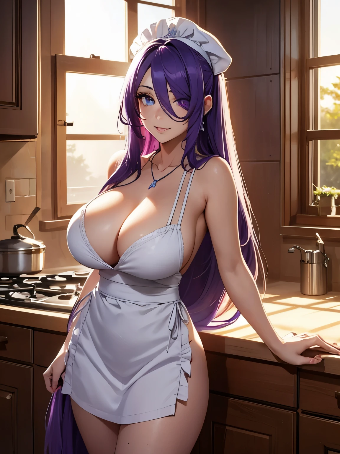 beautiful woman, extremely long hair, purple hair, hair covering one eye, bright blue eyes, glowing eyes, lots of freckles, full lips, (gigantic breasts 1.8), extreme cleavage, deep cleavage, thin body, naked apron, wearing nothing but an apron, bare arms, bare legs, necklace, extreme blushing, smile, seductive, ultra detailed, kitchen background, near window, sunset, late evening, light rays, masterpiece, 8k