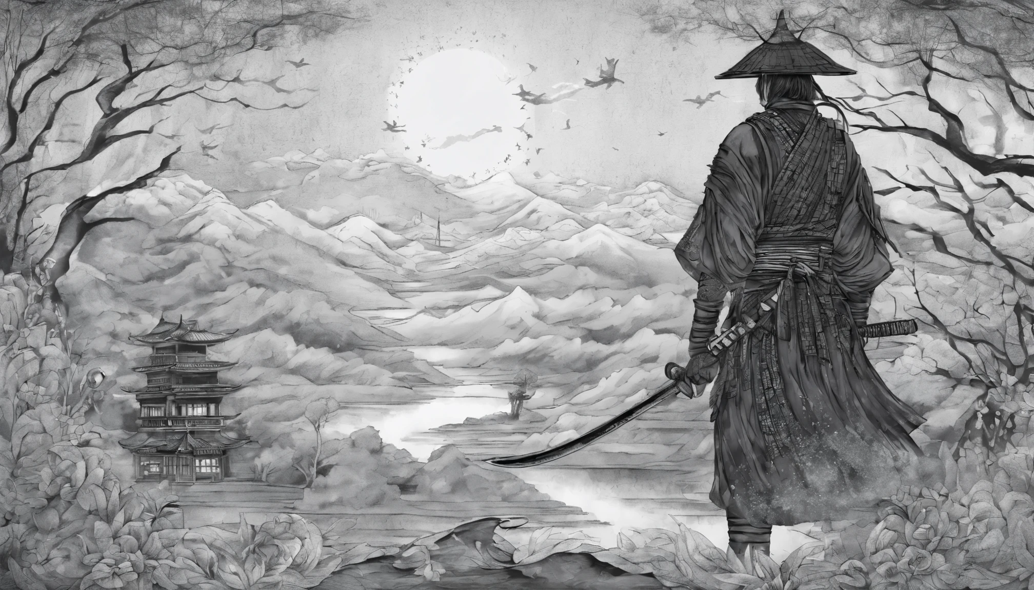 The samurai holds a katana, Starry skies and mist shroud the landscape.