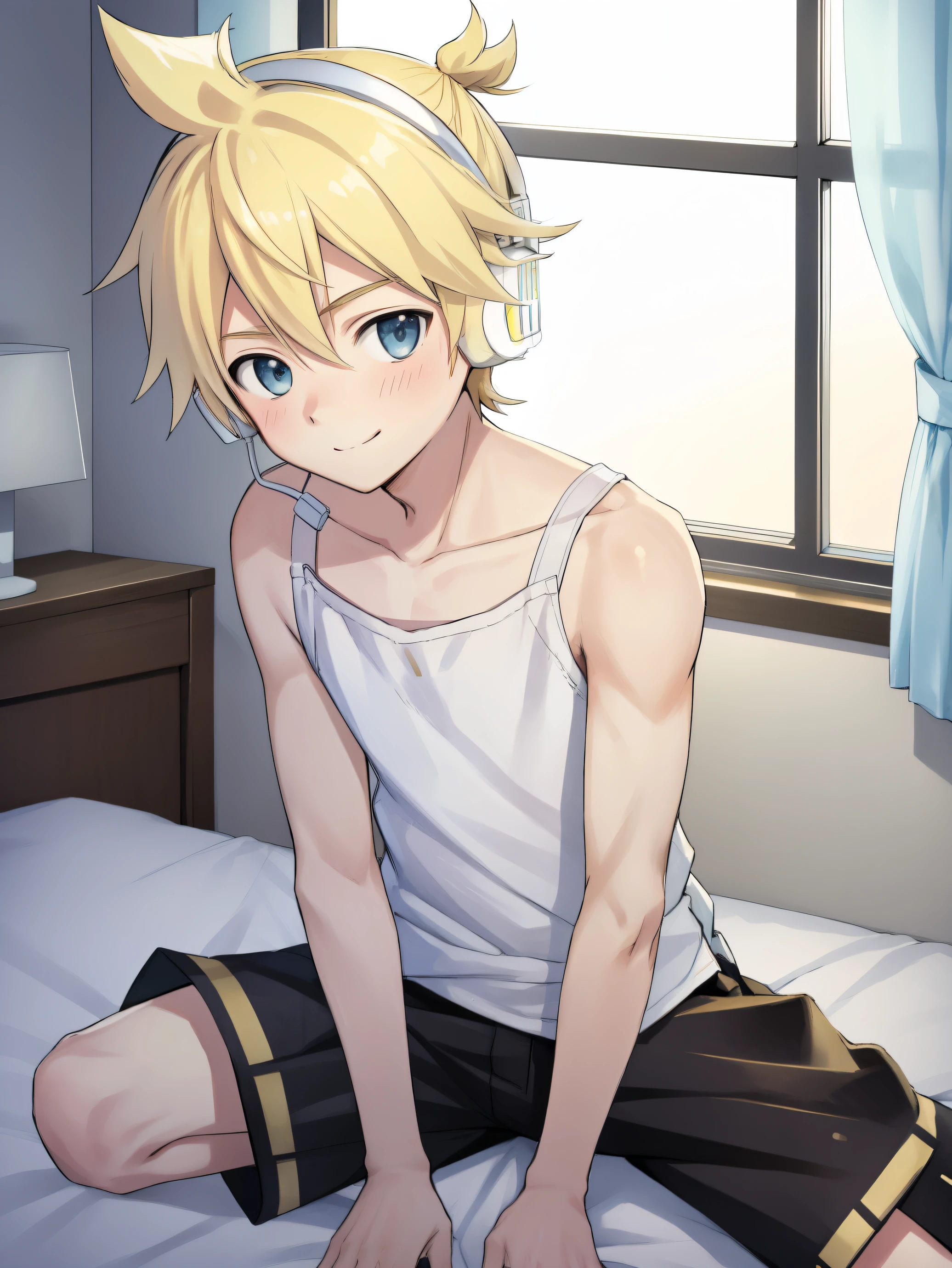 best quality, ultra precision, (one boy), Young boy, Shota,  Kagamine len, Blonde hair, cowlick, bedroom, character focus, black short pants, Tank top, innocent, slender, blush, cute, cool, smile a little, happy, Headphones, handsome, high school student, male model, attractive boy, (sit in a crawling position), on bed