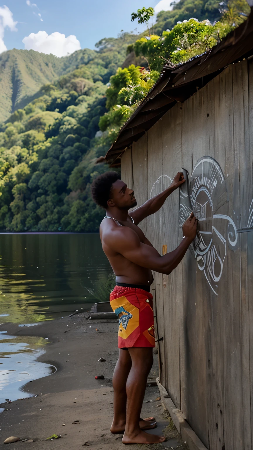 Melanesian men write the name FIYOMO FAA in pilox on the wall in unique writing with the backdrop of Lake Sentani