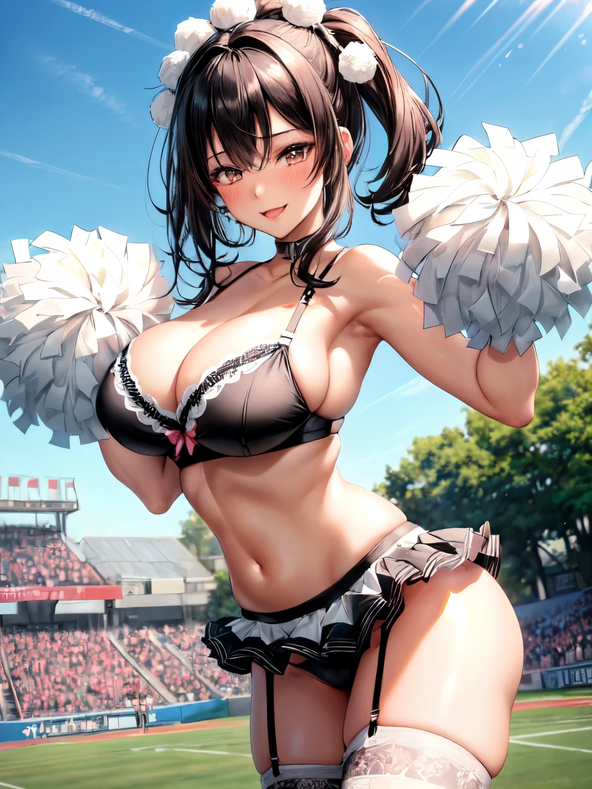 Limited to 1 female, (dynamic posing), Cheerleader (Stylish black and white sexy lingerie outfit), mature woman, /(black hair/) bangs, blush and smile brightly, (Masterpiece of the highest quality:1.2) Delicate illustrations super detailed, large breasts(REAK with pom-poms /(court) Grass, outdoor, audience