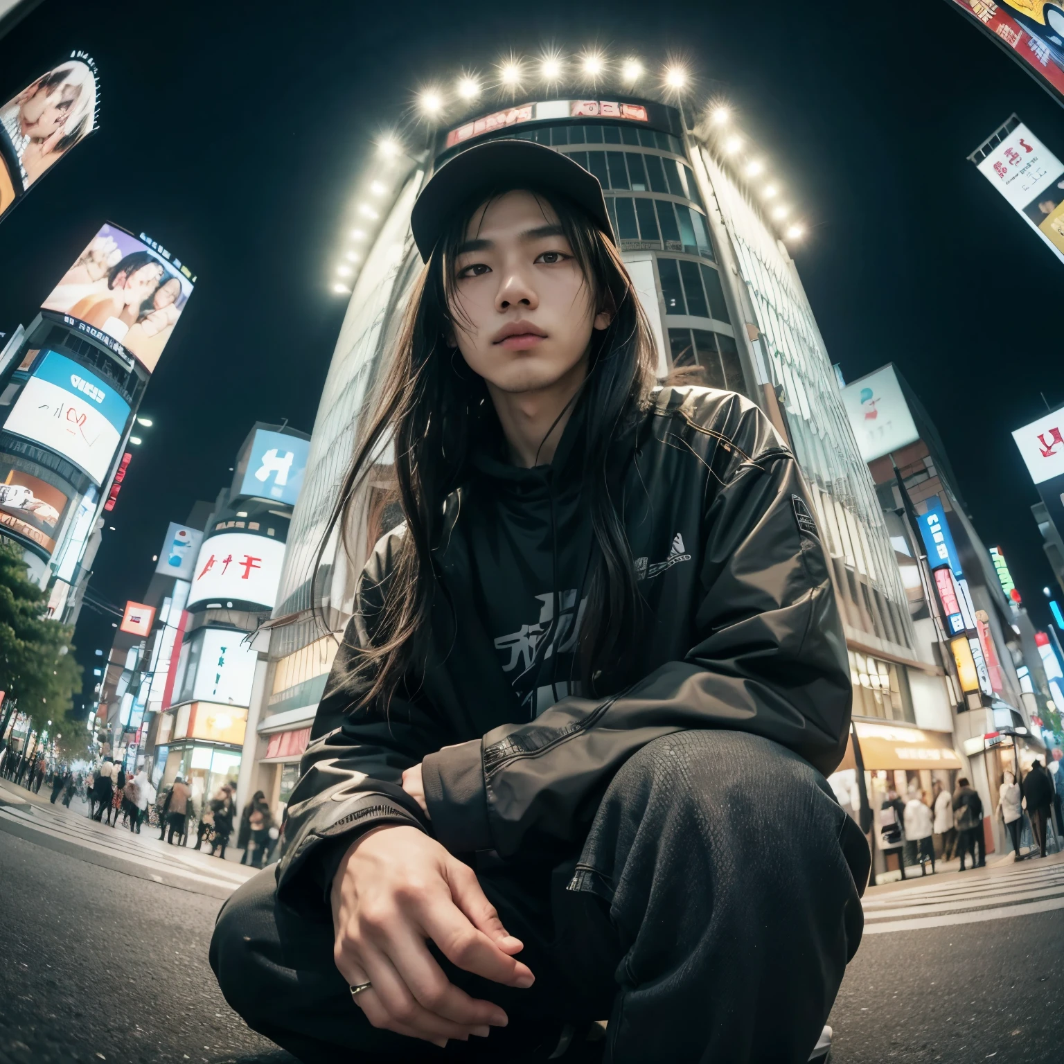 asian man sitting on the ground in front of a building, wideangle portrait, wide angle dynamic portrait, anime style mixed with fujifilm, wide - angle portrait, fisheye portrait, sitting in tokyo, japanese streetwear, in the streets of tokyo, portrait of a japanese teen, wearing japanese techwear, wide angle + masterpiece, shibuya shibuya looks like jungkook