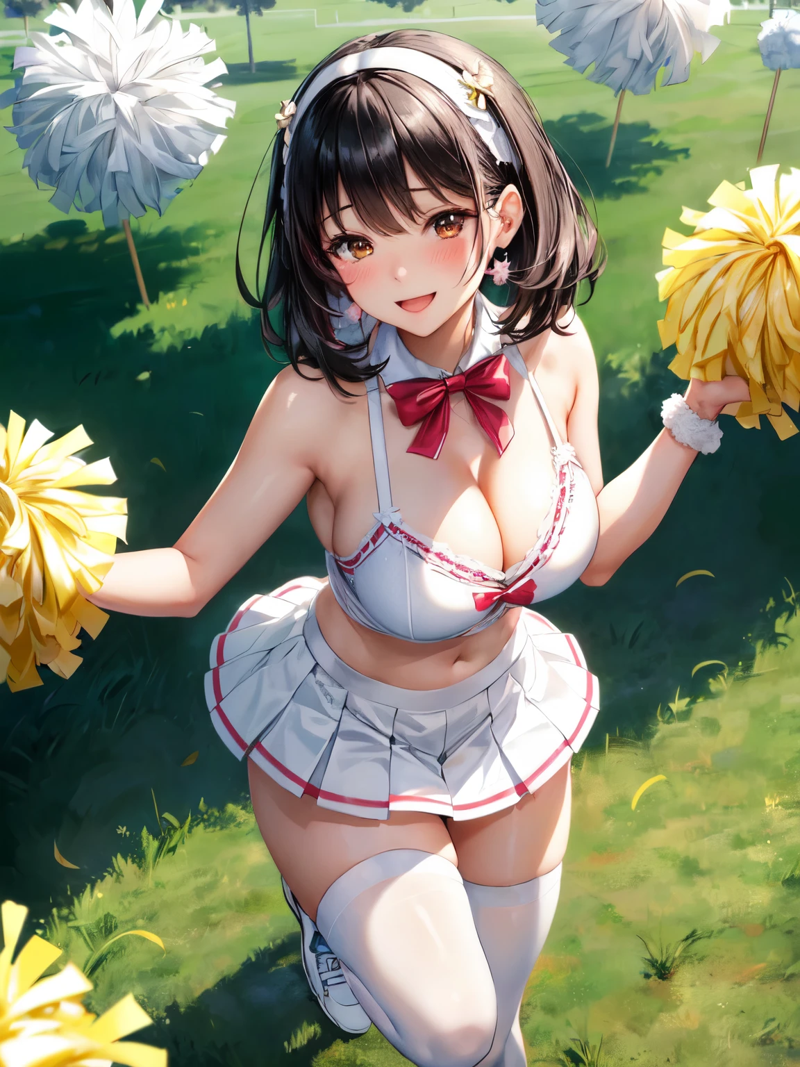 Limited to 1 female, (dynamic posing), Cheerleader (White stylish sexy lingerie outfit), mature woman, /(black hair/) bangs, blush and smile brightly, (Masterpiece of the highest quality:1.2) Delicate illustrations super detailed, large breasts(REAK with pom-poms /(court) Grass, outdoor, audience