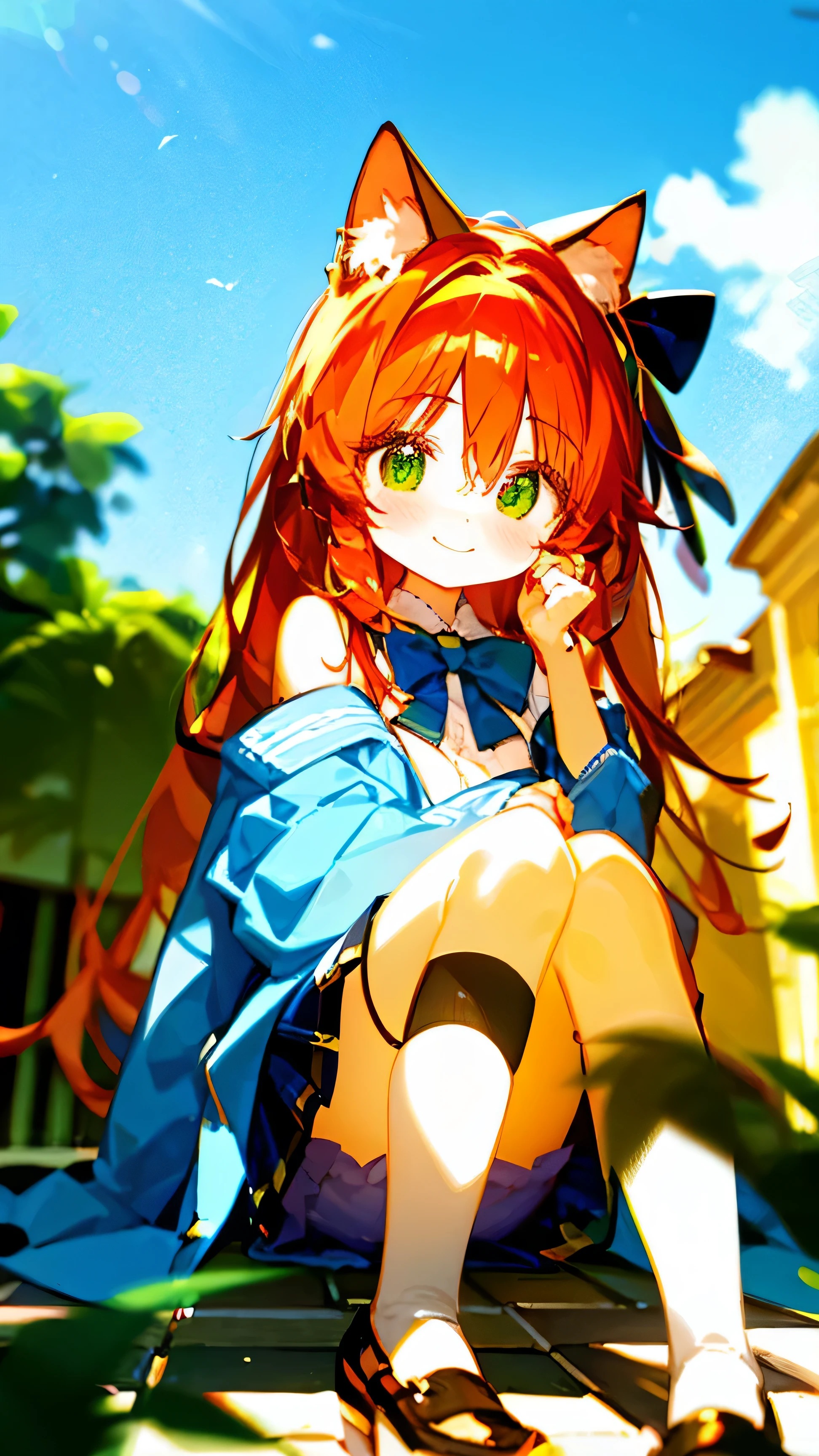 (masterpiece),(best quality),(Rich details),catwoman,Lovely,(Long orange hair ),Orange cat ears , green eyes , Wearing a beautiful blue pleated skirt , wearing a light coat , Blue bow tied in hair,sunny,small breasts,Smile,Hide your hands in your sleeves,white,The thigh has leg rings,sit on the floor,side facing camera