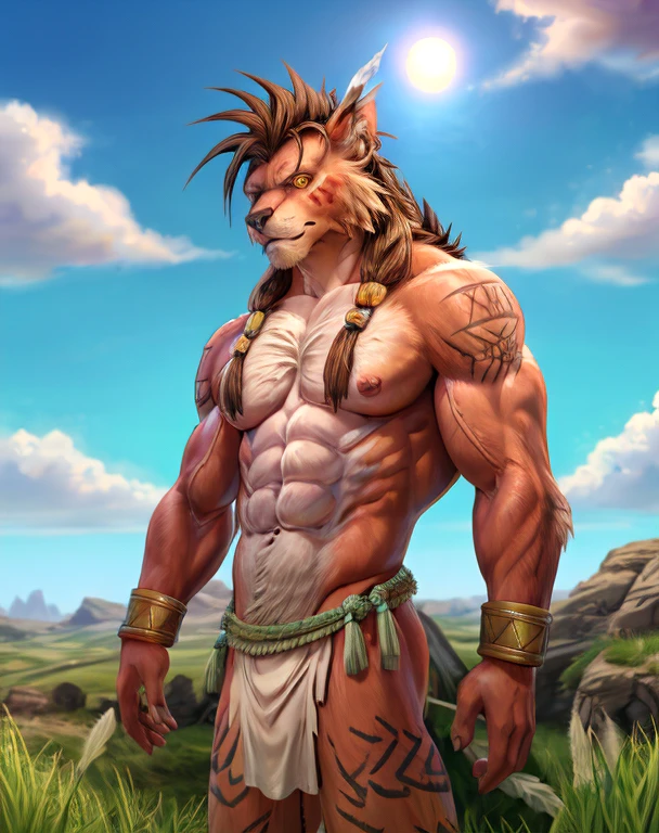 RedXIII (Final fantasy),male,adult,alone,4K,best quality,best quality,looking at the audience,,Topless,not wearing clothes,bare chest,furry tail,chest muscles,pink nipples, Six-pack abs, biceps, 弯曲biceps, anatomically correct,Delicate fur,pride,soft shadow,majestic,High quality eyes,brown eyes,Yellow pupils,Grandiose,brave,Loincloth,grassland,Blue sky and white clouds,sun